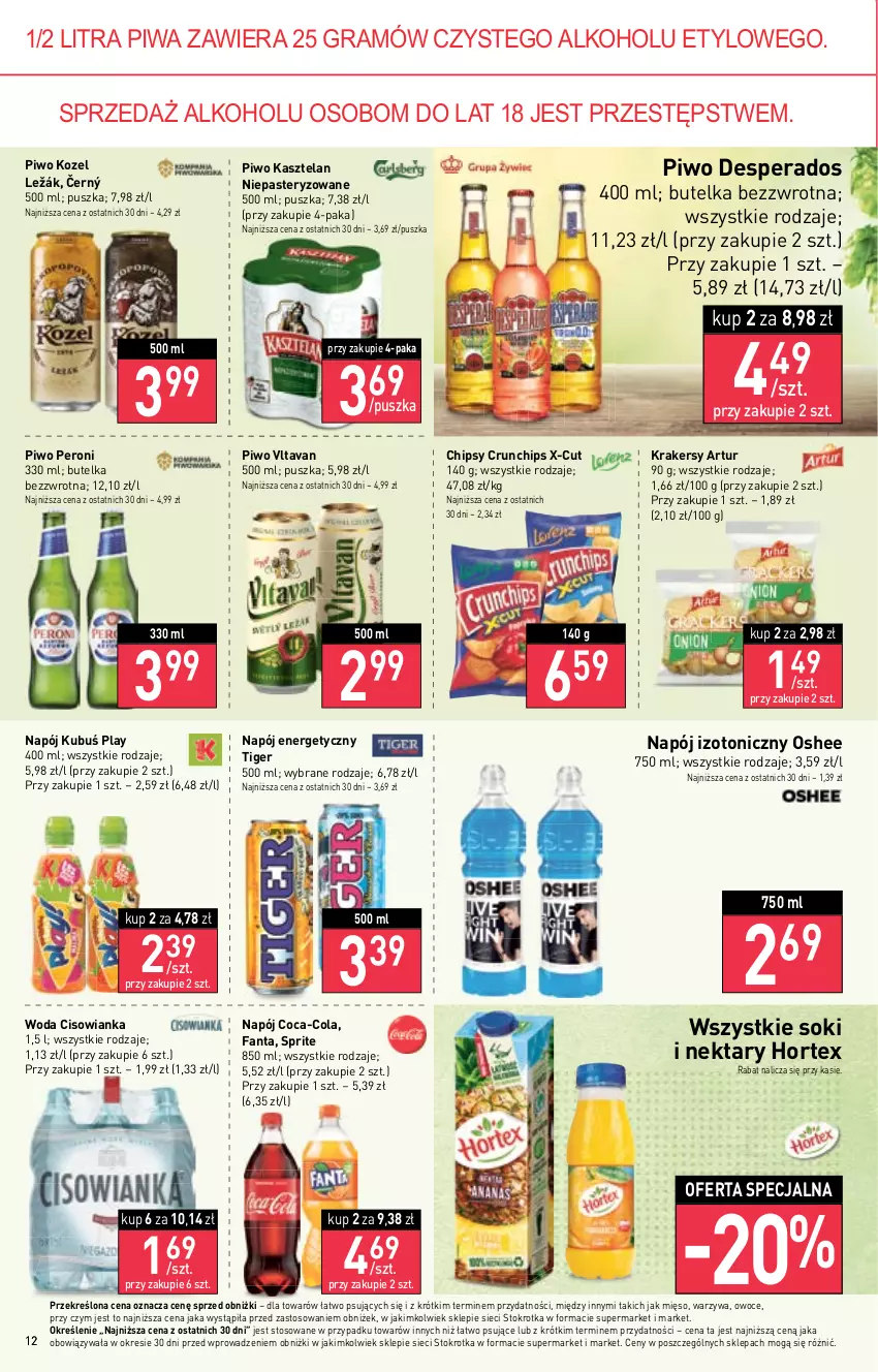 Gazetka promocyjna Stokrotka - Supermarket - ważna 13.04 do 19.04.2023 - strona 12 - produkty: Artur, Chipsy, Cisowianka, Coca-Cola, Crunchips, Desperados, Fa, Fanta, Gra, Hortex, Kasztelan, Kozel, Krakersy, Kubuś, Mięso, Napój, Napój energetyczny, Napój izotoniczny, Nektar, Oshee, Owoce, Piwa, Piwo, Sok, Sprite, Tiger, Warzywa, Woda