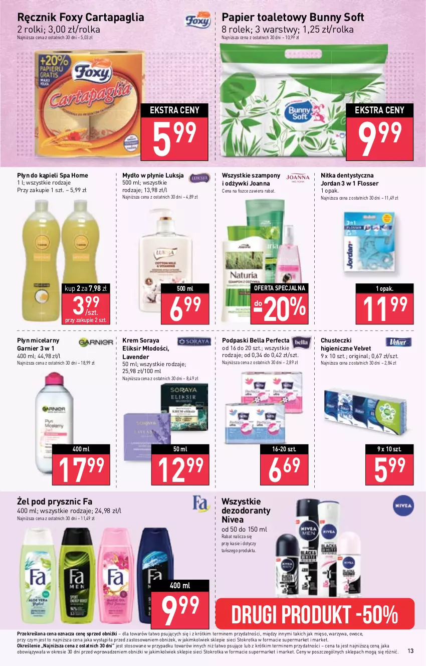 Gazetka promocyjna Stokrotka - Supermarket - ważna 13.04 do 19.04.2023 - strona 13 - produkty: Bell, Bella, Chusteczki, Dezodorant, Fa, Foxy, Garnier, Gin, Joanna, Luksja, Mięso, Mydło, Mydło w płynie, Nivea, Owoce, Papier, Papier toaletowy, Perfecta, Płyn do kąpieli, Płyn micelarny, Podpaski, Ręcznik, Rolki, Ser, Szampon, Velvet, Warzywa