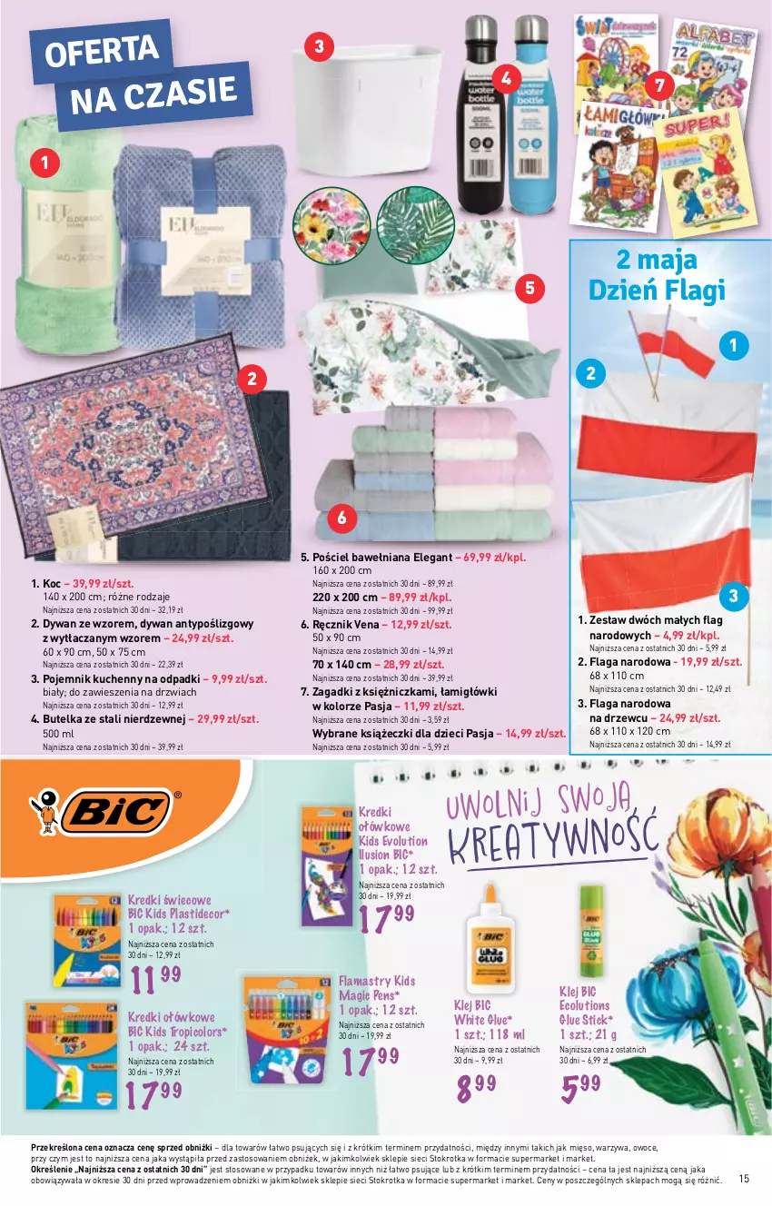 Gazetka promocyjna Stokrotka - Supermarket - ważna 13.04 do 19.04.2023 - strona 15 - produkty: BIC, Drzwi, Dywan, Dzieci, Flamastry, Klej, Koc, Mięso, Owoce, Pojemnik, Pościel, Ręcznik, Warzywa