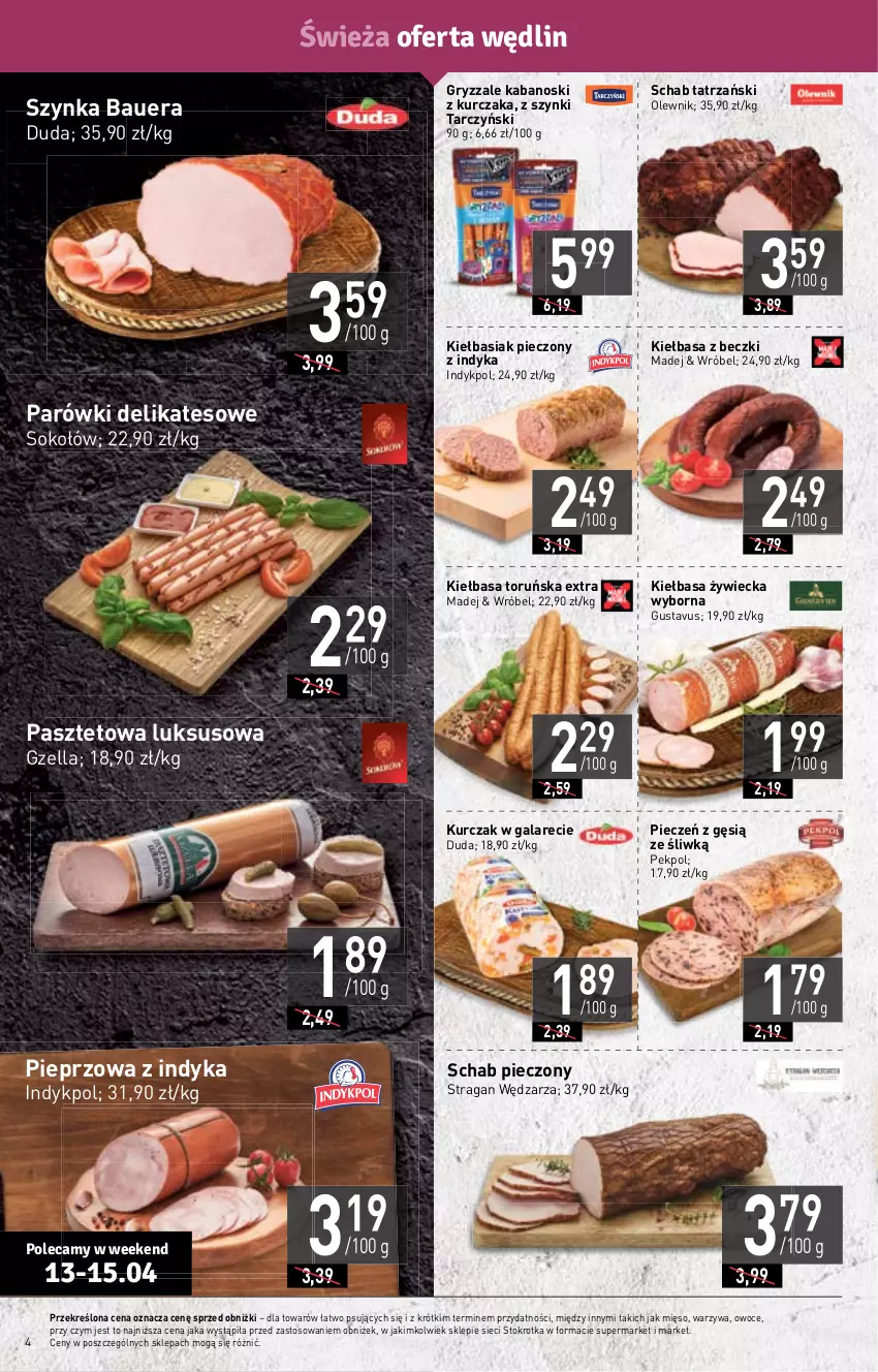 Gazetka promocyjna Stokrotka - Supermarket - ważna 13.04 do 19.04.2023 - strona 4 - produkty: Basia, Duda, Gala, Gry, Kabanos, Kiełbasa, Kurczak, Mięso, Olewnik, Owoce, Parówki, Pasztet, Pekpol, Piec, Pieprz, Schab pieczony, Sok, Sokołów, Szynka, Tarczyński, Warzywa