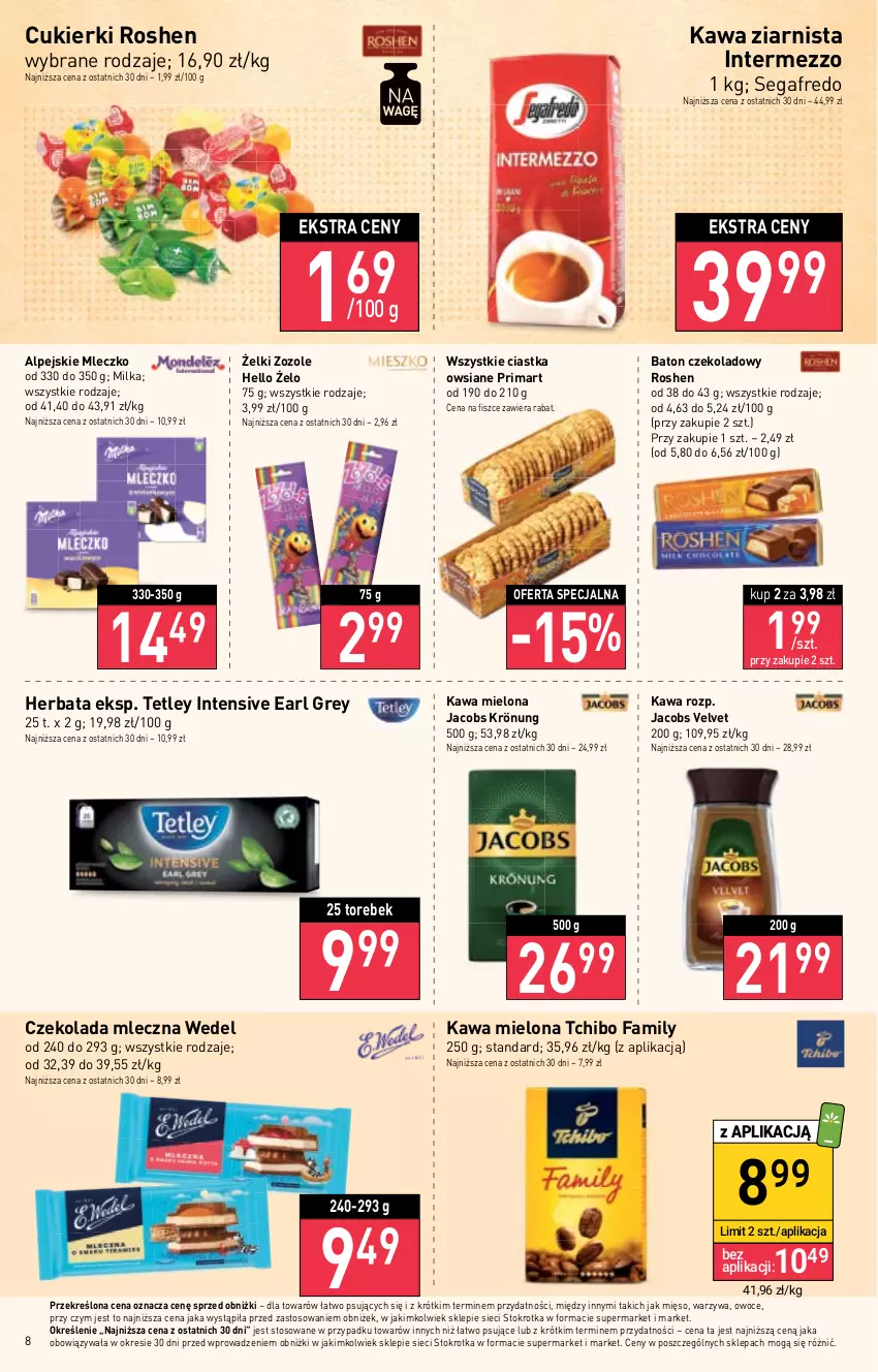 Gazetka promocyjna Stokrotka - Supermarket - ważna 13.04 do 19.04.2023 - strona 8 - produkty: Baton, Ciastka, Ciastka owsiane, Cukier, Cukierki, Czekolada, Czekolada mleczna, Earl Grey, Fa, Herbata, Jacobs, Jacobs Krönung, Jacobs Velvet, Kawa, Kawa mielona, Kawa ziarnista, Mięso, Milka, Mleczko, Owoce, Prima, Segafredo, Tchibo, Tchibo Family, Tetley, Velvet, Warzywa