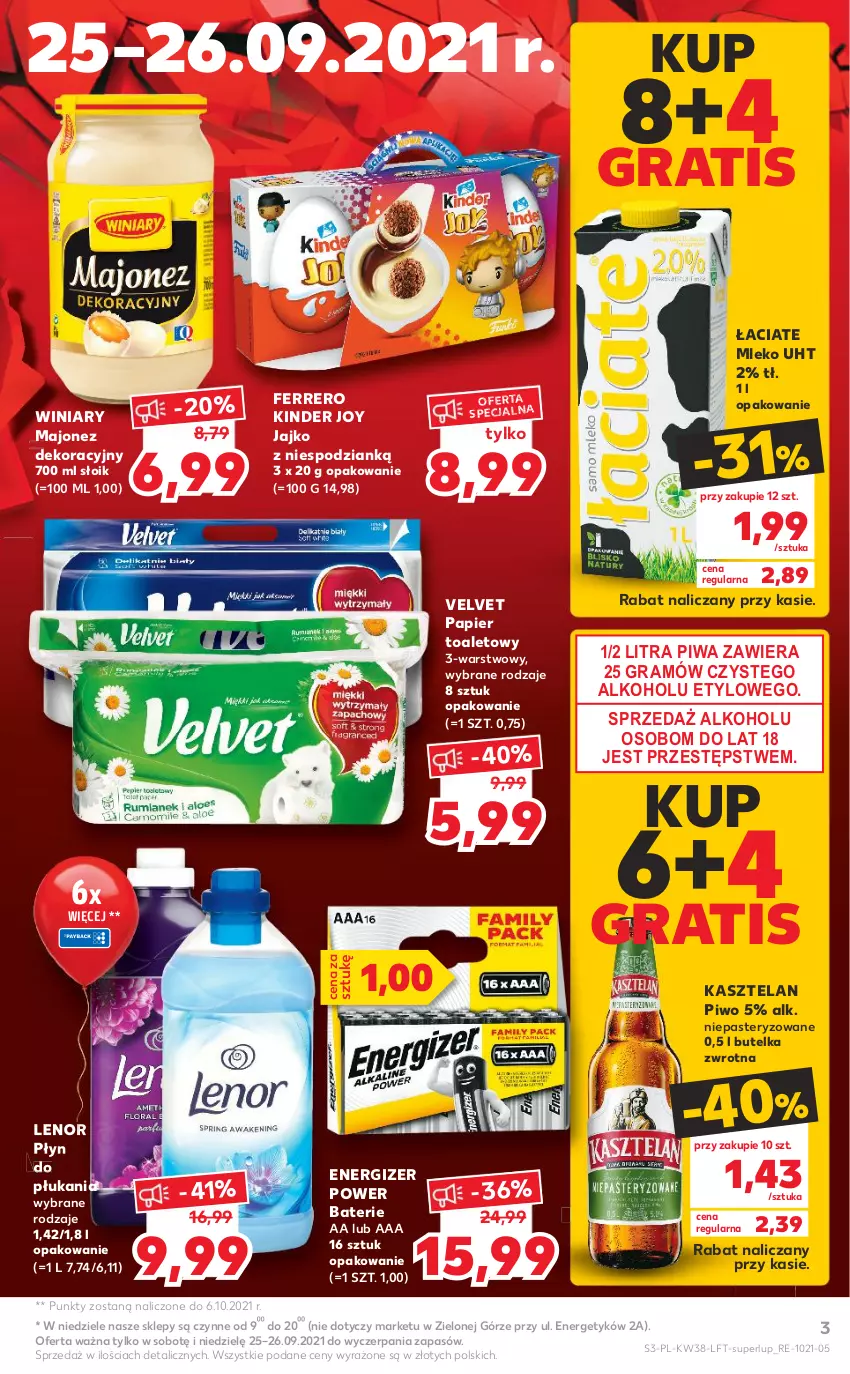 Gazetka promocyjna Kaufland - OFERTA TYGODNIA - ważna 23.09 do 29.09.2021 - strona 3 - produkty: Energizer, Ferrero, Gra, Kasztelan, Kinder, Lenor, Majonez, Mleko, Papier, Papier toaletowy, Piwa, Piwo, Płyn do płukania, Velvet, Winiary