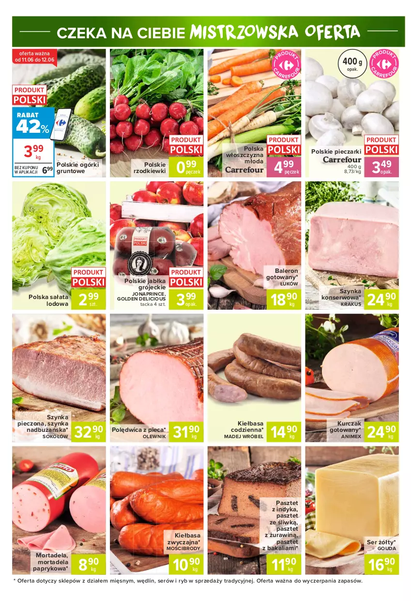 Gazetka promocyjna Carrefour - Gazetka Express - ważna 07.06 do 14.06.2021 - strona 5 - produkty: Gouda, Grunt, Jabłka, Kiełbasa, Krakus, Kurczak, Kurczak gotowany, Madej Wróbel, Olewnik, Pasztet, Pasztet z indyka, Piec, Polędwica, Sałat, Sałata lodowa, Ser, Sok, Sokołów, Szynka, Szynka konserwowa