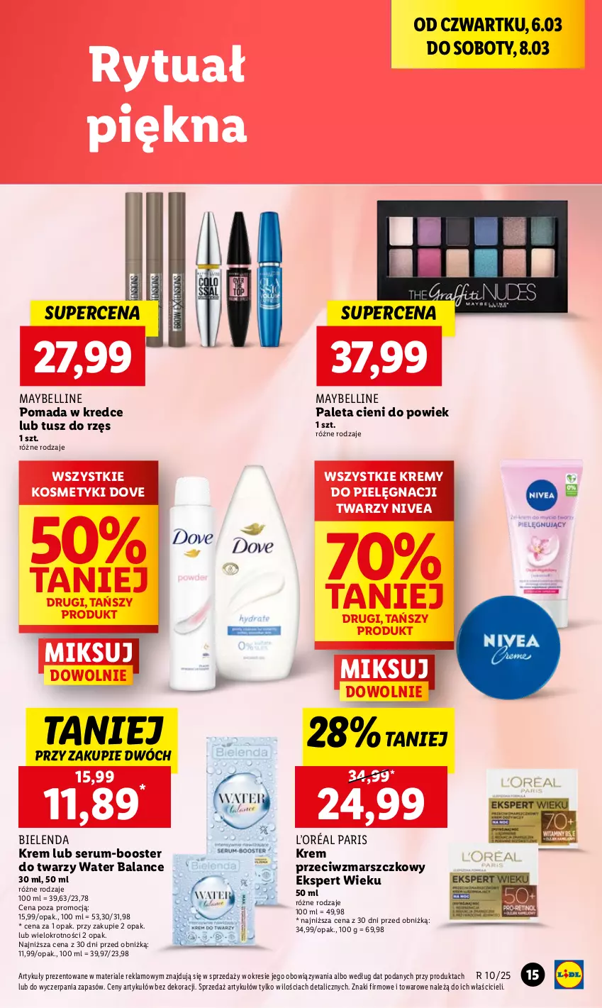 Gazetka promocyjna Lidl - GAZETKA - ważna 06.03 do 08.03.2025 - strona 15 - produkty: Bell, Bielenda, Booster, Dove, Krem przeciwzmarszczkowy, L’Oréal, Mars, Maybelline, Nivea, Paleta, Pomada, Rum, Ser, Serum, Tusz