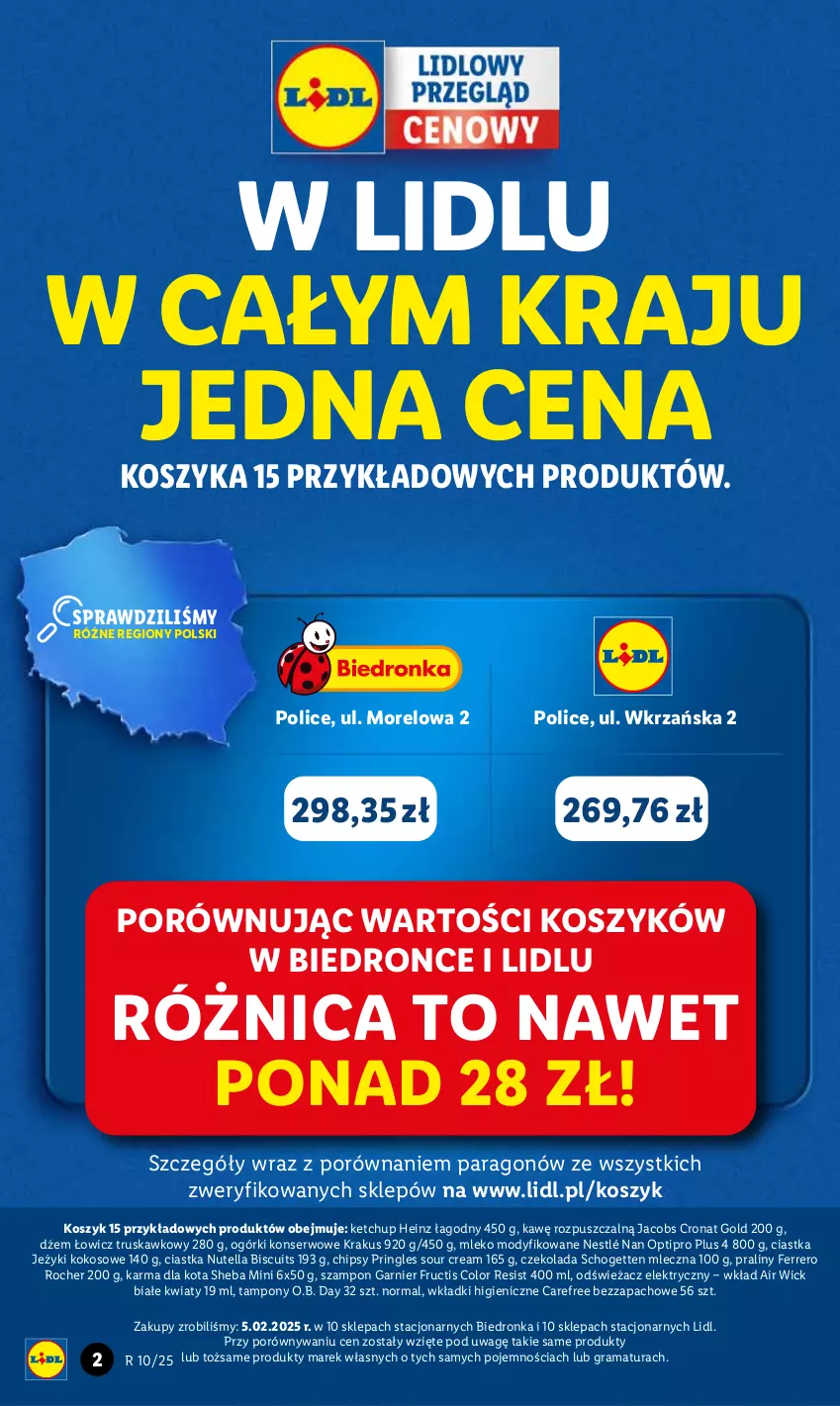 Gazetka promocyjna Lidl - GAZETKA - ważna 06.03 do 08.03.2025 - strona 2 - produkty: Air Wick, Carefree, Chipsy, Ciastka, Czekolada, Dżem, Ferrero, Ferrero Rocher, Fructis, Garnier, Gra, Heinz, Jacobs, Jeżyki, Ketchup, Kokos, Kosz, Krakus, Mleko, Mleko modyfikowane, NAN Optipro, Nestlé, Nutella, O.B., Ogórki konserwowe, Por, Praliny, Pringles, Rama, Schogetten, Ser, Sheba, Szampon, Tampony, Wkładki