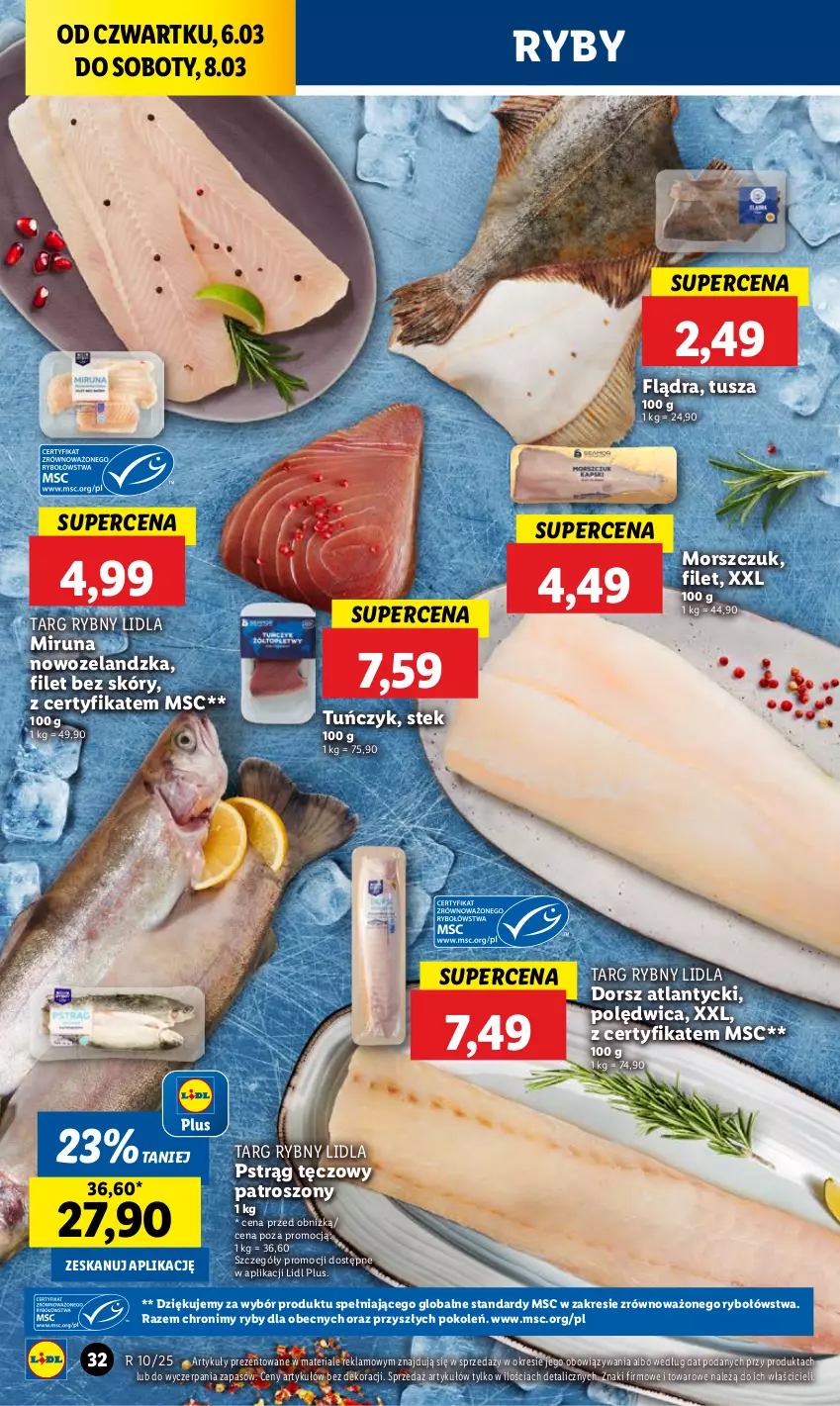 Gazetka promocyjna Lidl - GAZETKA - ważna 06.03 do 08.03.2025 - strona 38 - produkty: Dorsz, Miruna, Polędwica, Pstrąg, Pstrąg tęczowy, Stek, Tuńczyk, Tusz