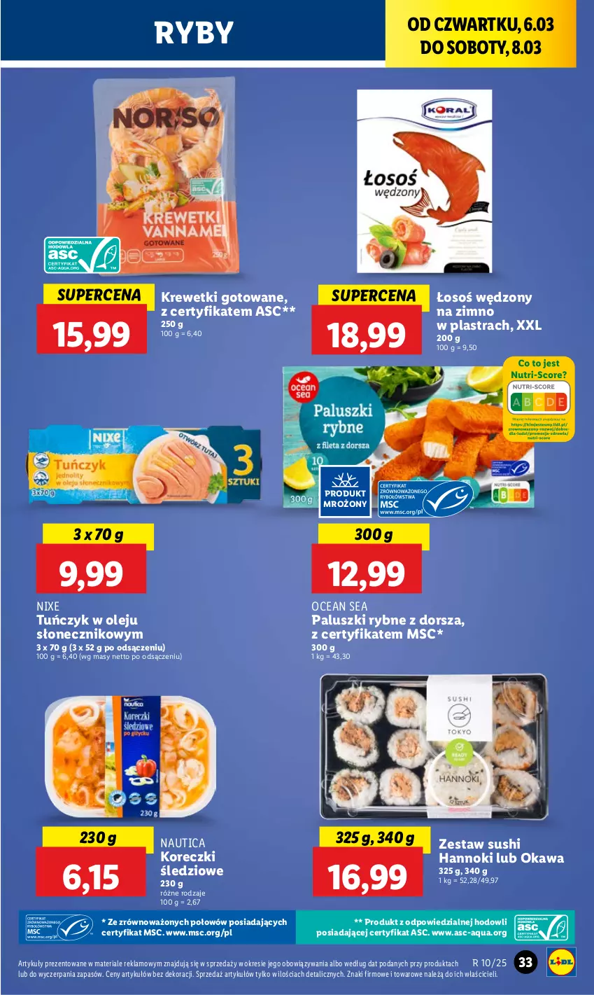 Gazetka promocyjna Lidl - GAZETKA - ważna 06.03 do 08.03.2025 - strona 39 - produkty: Dorsz, Kawa, Koreczki śledziowe, Krewetki, Olej, Paluszki rybne, Sushi, Tuńczyk