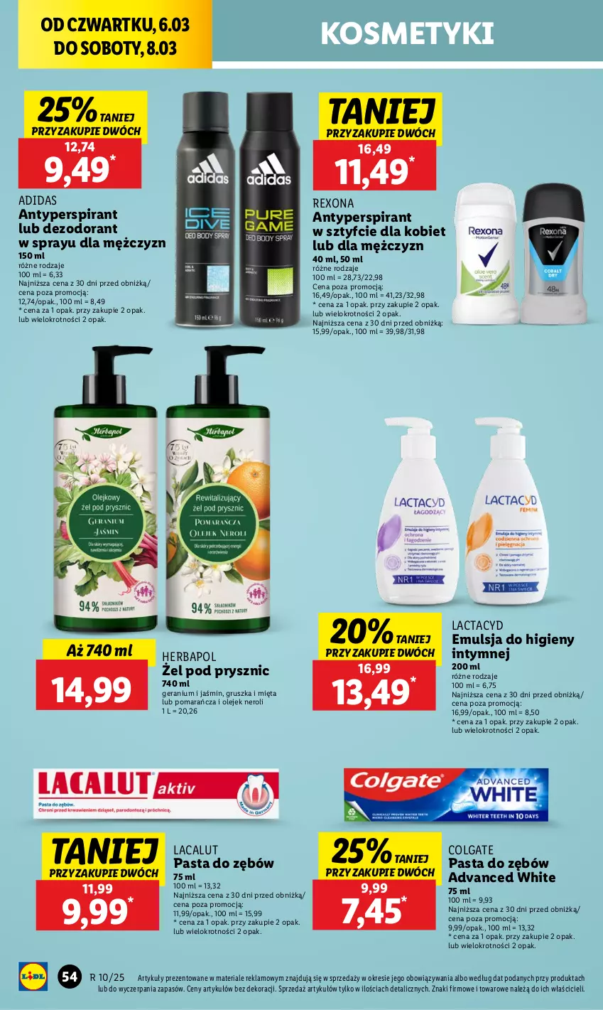 Gazetka promocyjna Lidl - GAZETKA - ważna 06.03 do 08.03.2025 - strona 60 - produkty: Adidas, Antyperspirant, Colgate, Dezodorant, Emulsja, Herbapol, Lacalut, Lactacyd, LG, Mięta, Olej, Pasta do zębów, Rexona