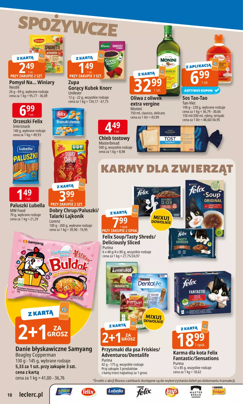 Gazetka promocyjna E Leclerc - ważna 20.10 do 27.10.2025 - strona 10 - produkty: Adventuros, Bell, Bella, Chleb, Chleb tostowy, Fa, Fanta, Felix, Friskies, Gin, Knorr, Kubek, Lajkonik, Lubella, Monini, Oliwa, Orzeszki, Orzeszki ziemne, Przysmaki, Pur, Purina, Sati, Ser, Spaghetti, Tran, Winiary, Zupa