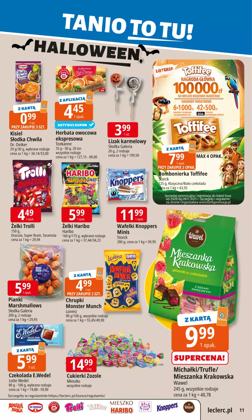 Gazetka promocyjna E Leclerc - ważna 20.10 do 27.10.2025 - strona 11 - produkty: Chrupki, Cukier, Cukierki, Czekolada, Dr. Oetker, Haribo, Herbata, Herbata owocowa, Kisiel, Knoppers, Lorenz, Mars, Marshmallows, Michałki, Monster Munch, Słodka Chwila, Sok, Teekanne, Toffifee, Wawel