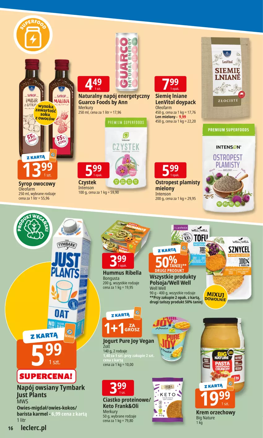 Gazetka promocyjna E Leclerc - ważna 20.10 do 27.10.2025 - strona 16 - produkty: Bell, Bella, Fa, Gin, Hummus, Jogurt, Kokos, Mus, Napój, Napój energetyczny, Oleo, Oleofarm, Ostropes, Pur, Siemię Iniane, Sos, Stek, Syrop, Tymbark, Zott