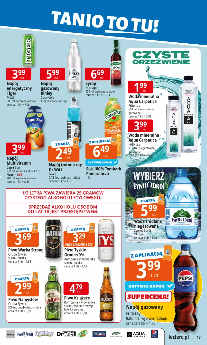 Gazetka promocyjna E Leclerc - ważna 20.10 do 27.10.2025 - strona 17 - produkty: Coca-Cola, Gra, Książęce, LANA, Namysłów, Napój, Napój izotoniczny, Piwa, Piwo, Sok, Syrop, Tiger, Tymbark, Tyskie, Vitamin napój, Warka, Woda, Woda mineralna