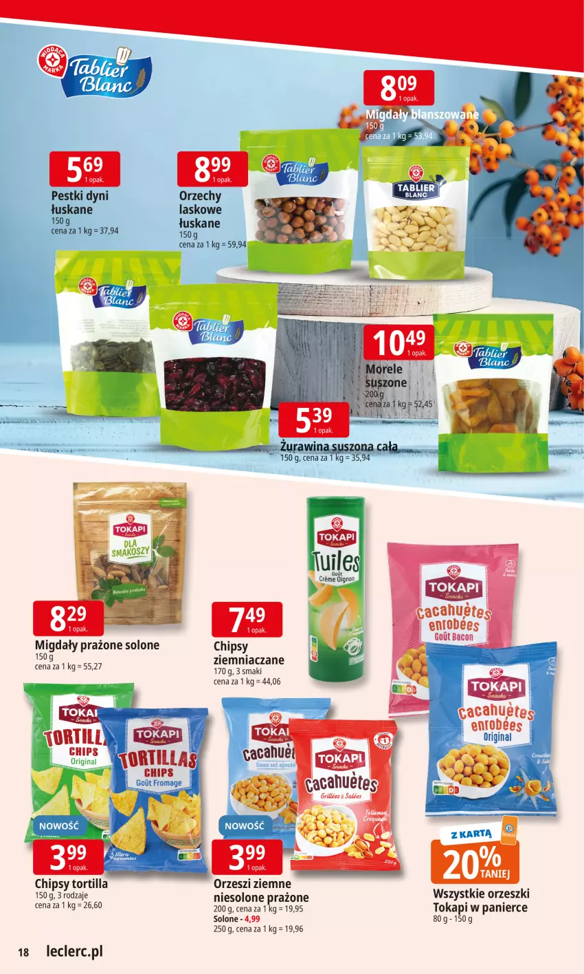 Gazetka promocyjna E Leclerc - ważna 20.10 do 27.10.2025 - strona 18 - produkty: Chipsy, Migdały, Okap, Pestki dyni, Tortilla