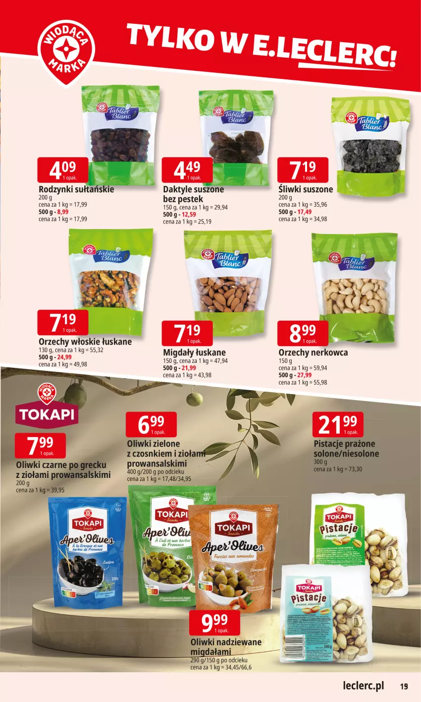 Gazetka promocyjna E Leclerc - ważna 20.10 do 27.10.2025 - strona 19 - produkty: Daktyle, Gin, Migdały, Migdały łuskane, Oliwki, Oliwki zielone, Orzechy włoskie, Rodzynki, Stek