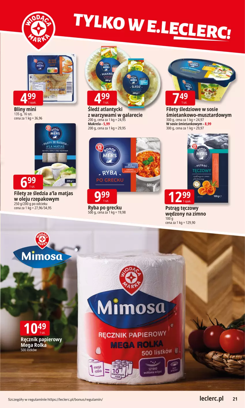 Gazetka promocyjna E Leclerc - ważna 20.10 do 27.10.2025 - strona 21 - produkty: Fa, Gala, Matjas, Mus, Olej, Papier, Por, Pstrąg, Pstrąg tęczowy, Ręcznik, Ryba, Ryba po grecku, Sos, Warzywa