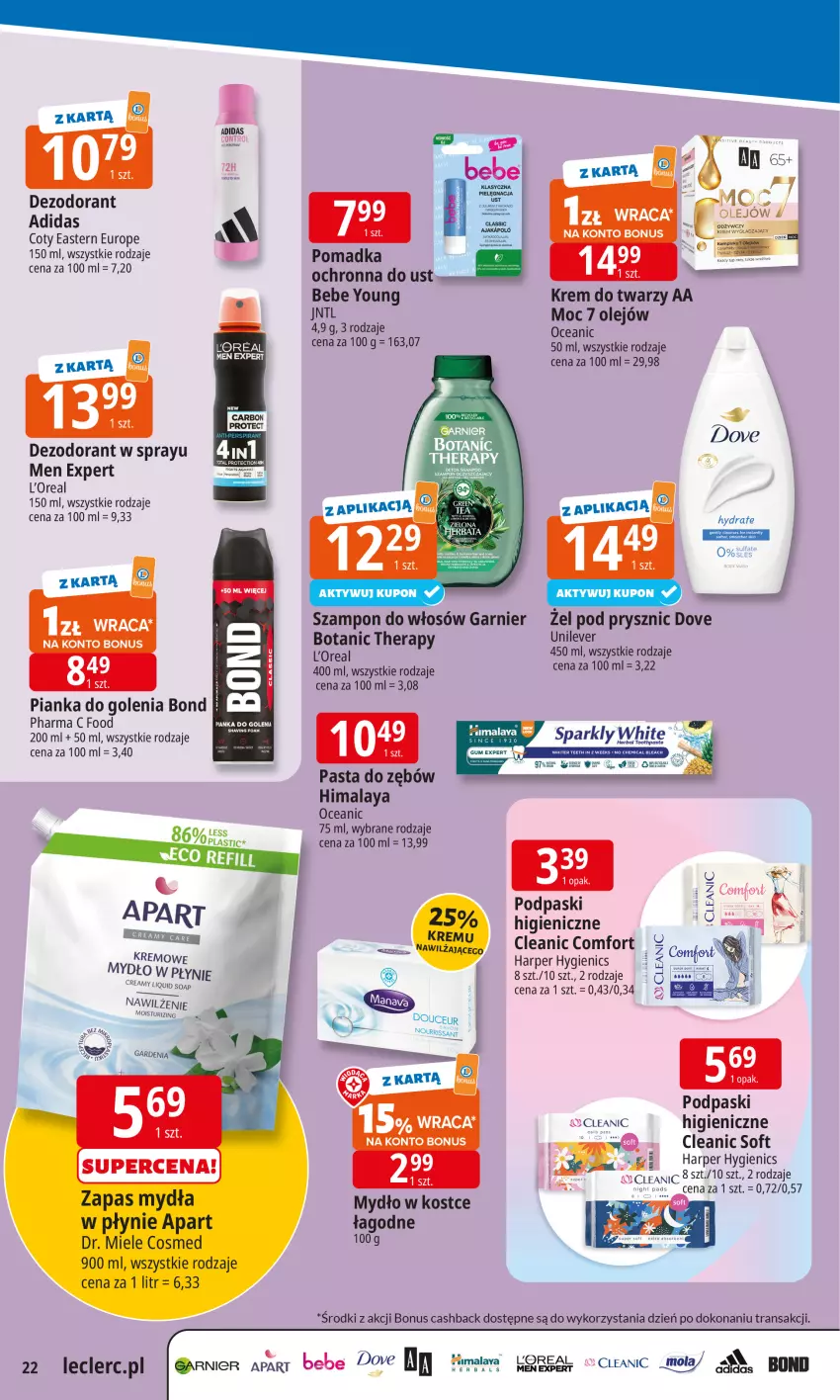Gazetka promocyjna E Leclerc - ważna 20.10 do 27.10.2025 - strona 22 - produkty: Adidas, Cleanic, Dezodorant, Dove, Fa, Garnier, Himalaya, HP, Krem do twarzy, Mola, Mydło, Olej, Pasta do zębów, Pianka do golenia, Podpaski, Szampon, Tran