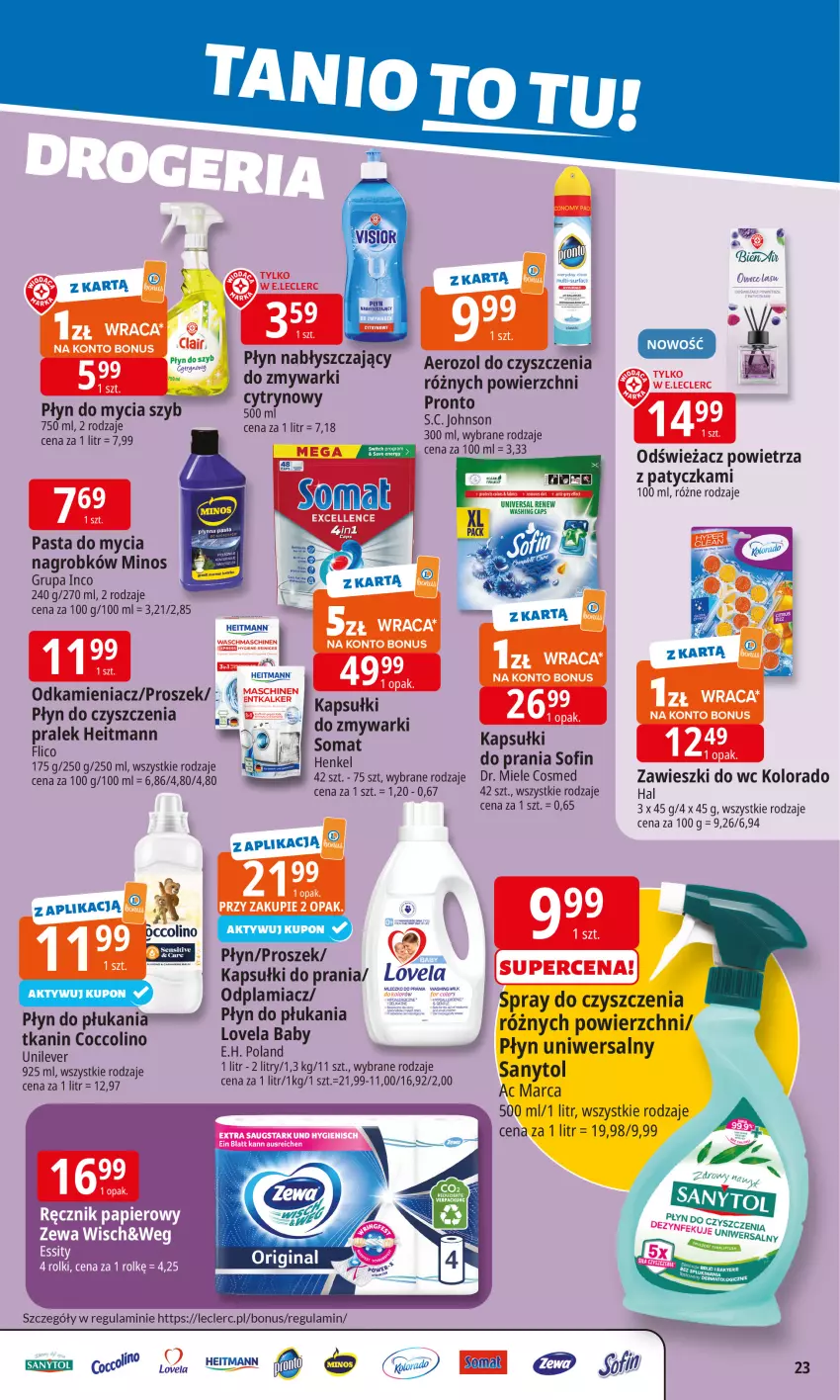 Gazetka promocyjna E Leclerc - ważna 20.10 do 27.10.2025 - strona 23 - produkty: Coccolino, Gra, HP, Kapsułki do prania, Kolorado, Lovela, Mleczko, Odkamieniacz, Odplamiacz, Płyn do mycia, Płyn do płukania, Płyn do szyb, Płyn nabłyszczający, Pronto, Somat, Zawieszki, Zmywarki