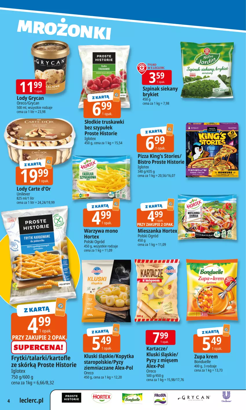 Gazetka promocyjna E Leclerc - ważna 20.10 do 27.10.2025 - strona 4 - produkty: Bonduelle, Carte d'Or, Fa, Frosta, Frytki, Gry, Hortex, Kopytka, Lody, Ogród, Pizza, Szpinak, Truskawki, Warzywa, Zupa