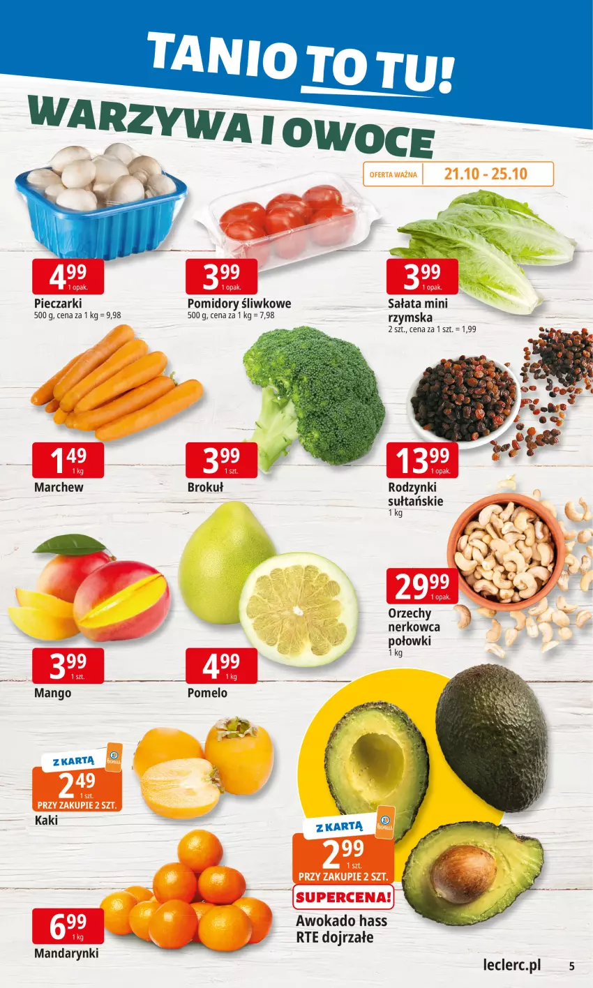 Gazetka promocyjna E Leclerc - ważna 20.10 do 27.10.2025 - strona 5 - produkty: Kaki, Mandarynki, Mango, Piec, Pomelo, Pomidory, Rodzynki, Sałat