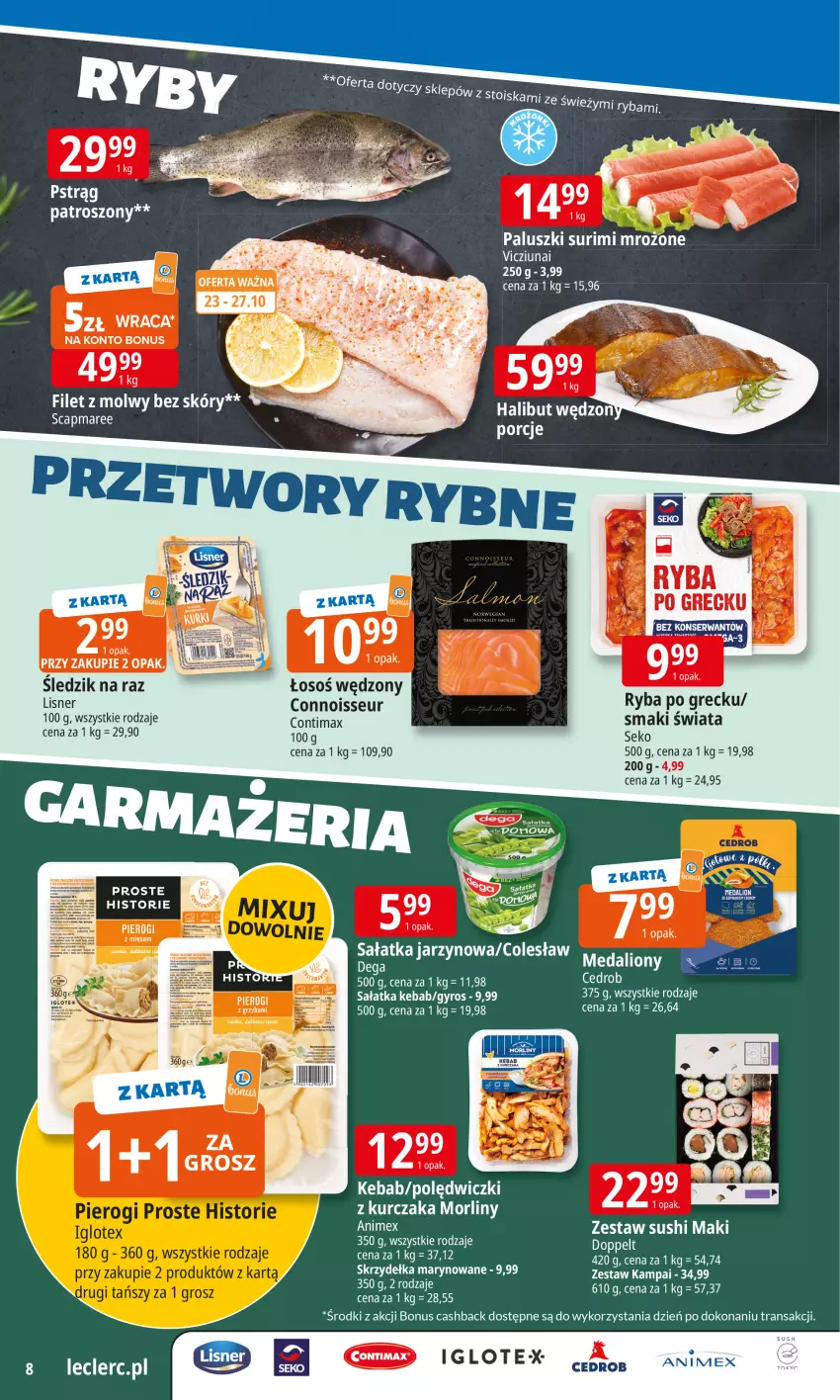 Gazetka promocyjna E Leclerc - ważna 20.10 do 27.10.2025 - strona 8 - produkty: Fa, Gyros, Halibut, Kebab, Kurczak, Lion, Lisner, Morliny, Pierogi, Por, Ryba, Sałat, Sałatka, Ser, Surimi, Sushi, Tran