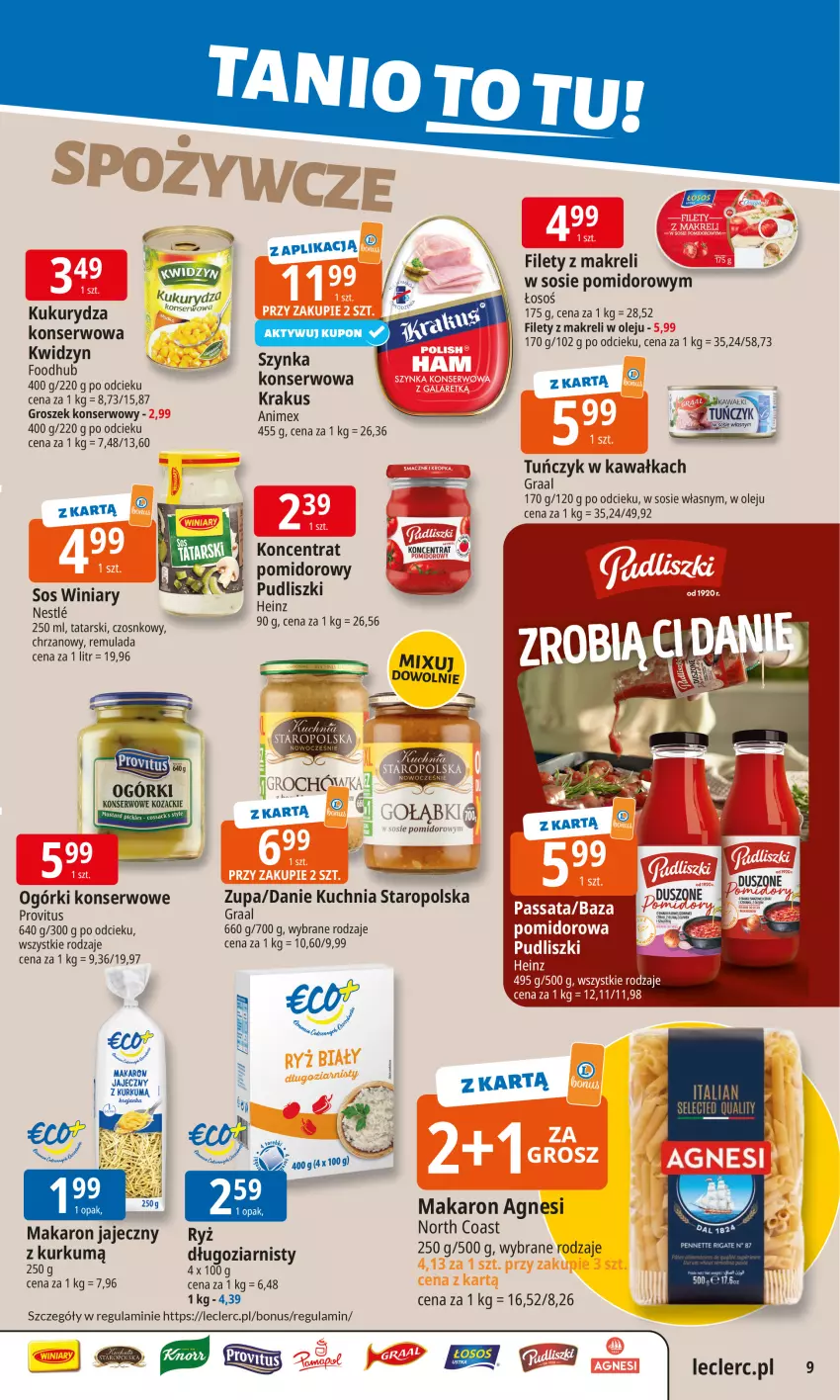 Gazetka promocyjna E Leclerc - ważna 20.10 do 27.10.2025 - strona 9 - produkty: Chrzan, Gra, Graal, Groszek, Heinz, Kawa, Krakus, Kuchnia, Kuchnia Staropolska, Kukurydza, Makaron, Ogórki konserwowe, Olej, Penne, Pudliszki, Ser, Sos, Szynka, Tuńczyk, Winiary, Zupa