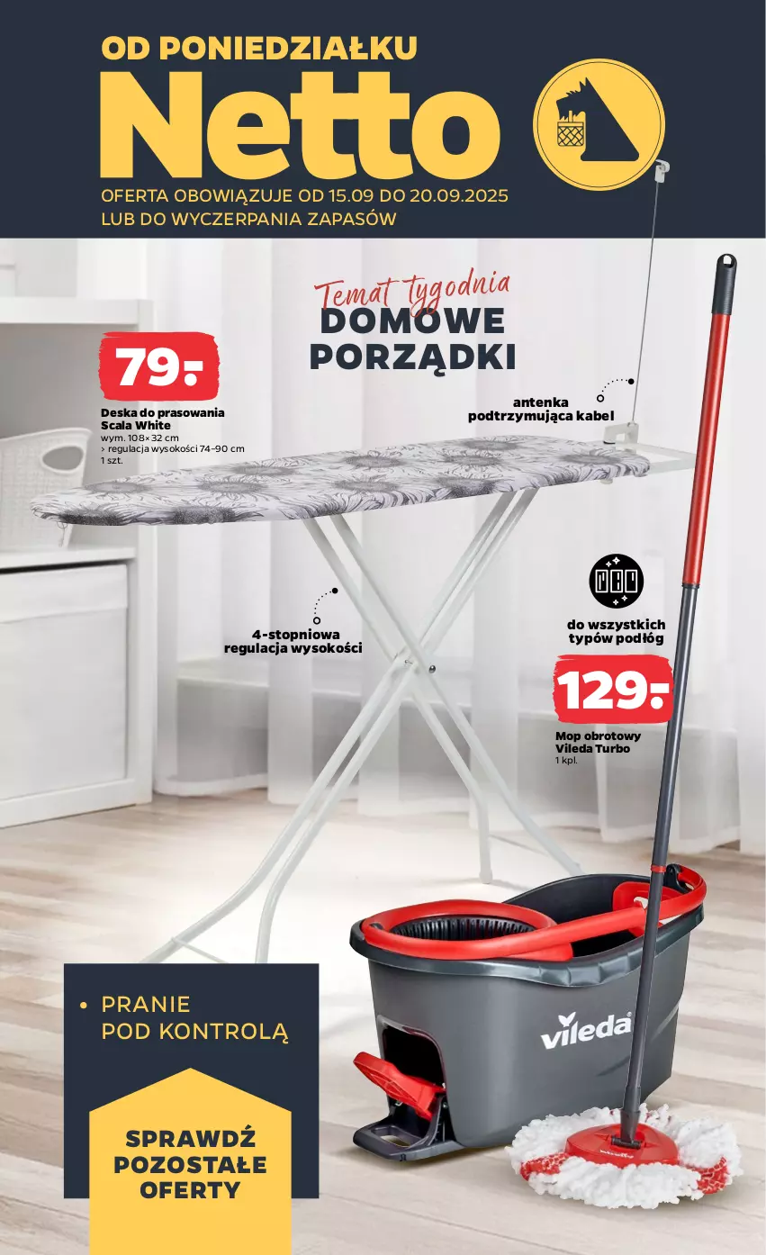 Gazetka promocyjna Netto - Od Poniedziałku Przemysłowa - ważna 15.09 do 20.09.2025 - strona 1 - produkty: Deska do prasowania, Mop, Por, Sok, Top, Vileda