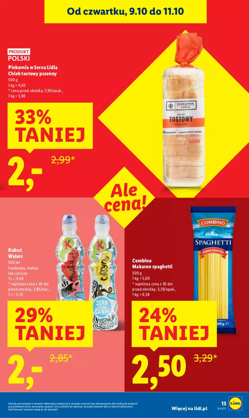 Gazetka promocyjna Lidl - GAZETKA - ważna 09.10 do 11.10.2025 - strona 13 - produkty: Chleb, Chleb tostowy, Kubuś, Makaron, Ser, Spaghetti