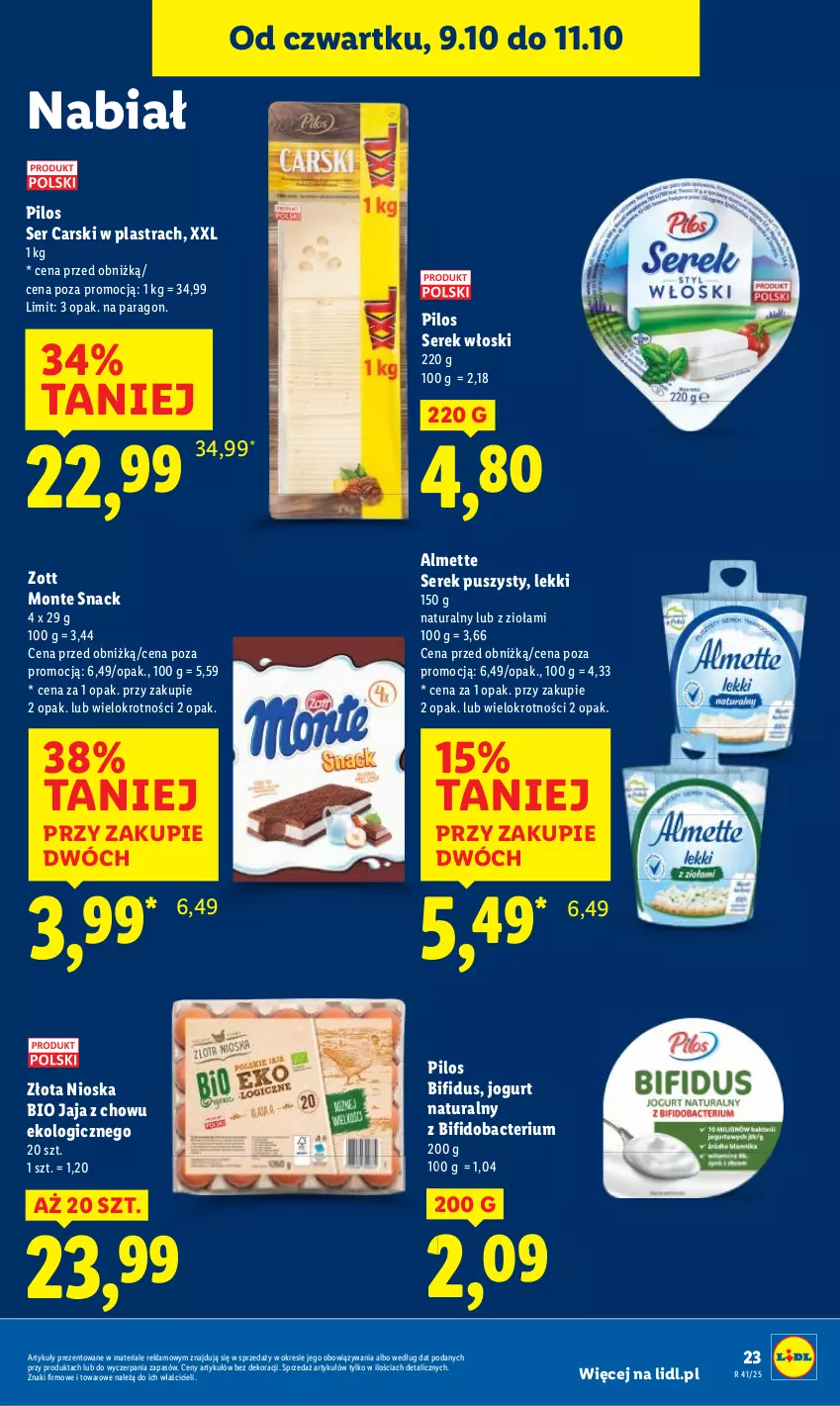Gazetka promocyjna Lidl - GAZETKA - ważna 09.10 do 11.10.2025 - strona 29 - produkty: Almette, Cars, Jaja, Jogurt, Jogurt naturalny, Monte, Pilos, Ser, Serek, Serek puszysty, Zott