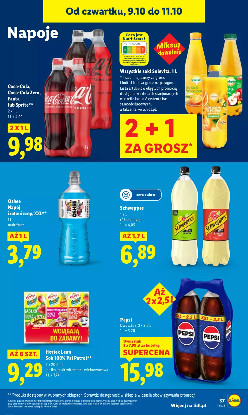 Gazetka promocyjna Lidl - GAZETKA - ważna 09.10 do 11.10.2025 - strona 43 - produkty: Coca-Cola, Fa, Fanta, Hortex, Leon, Napój, Napój izotoniczny, Napoje, Oshee, Pepsi, Psi Patrol, Schweppes, Sok, Sprite, Wazon