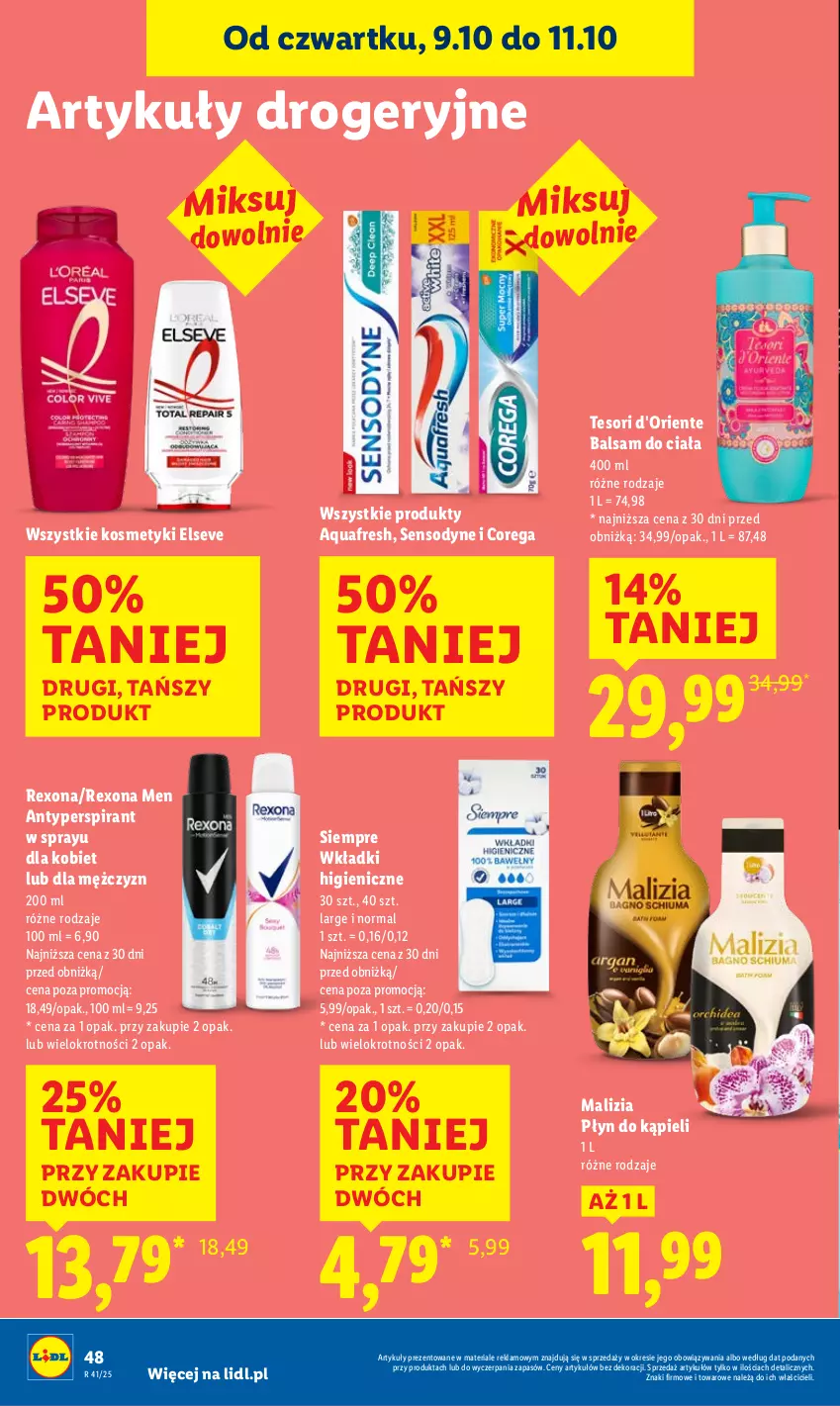 Gazetka promocyjna Lidl - GAZETKA - ważna 09.10 do 11.10.2025 - strona 54 - produkty: Antyperspirant, Aquafresh, Balsam do ciała, Corega, Elseve, Malizia, Płyn do kąpieli, Rexona, Sensodyne, Wkładki