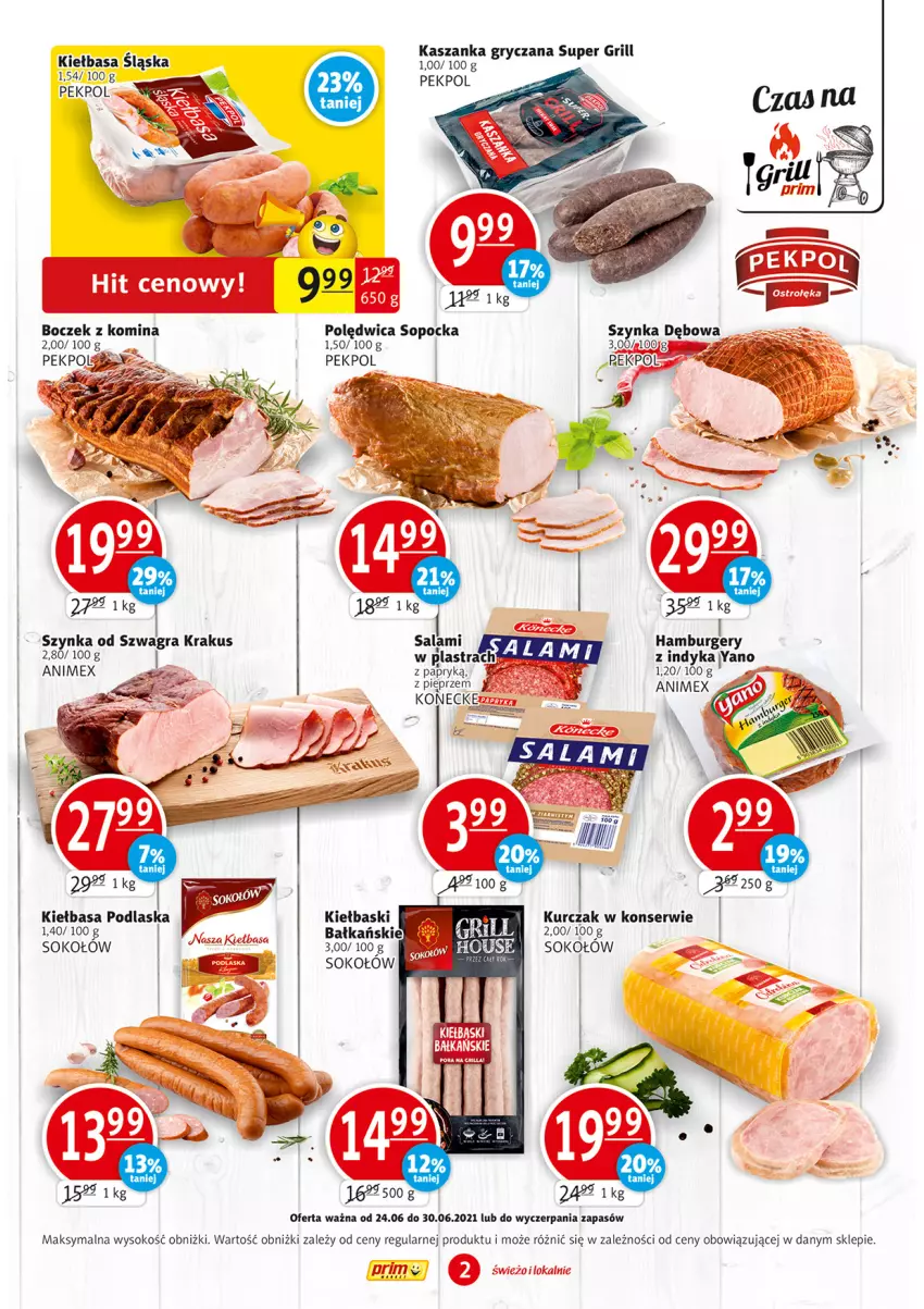 Gazetka promocyjna Prim Market - Gazetka - ważna 24.06 do 30.06.2021 - strona 2 - produkty: Boczek, Gra, Grill, Gry, Kasza, Kaszanka, Kiełbasa, Kiełbasa śląska, Krakus, Kurczak, Pekpol, Polędwica, Por, Salami, Ser, Sok, Sokołów, Szynka