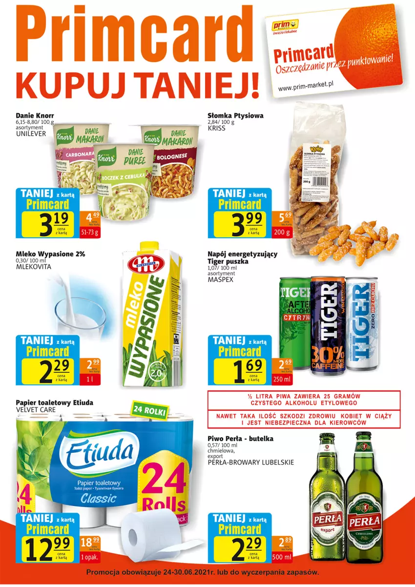 Gazetka promocyjna Prim Market - Gazetka - ważna 24.06 do 30.06.2021 - strona 7 - produkty: Knorr, Mleko, Mlekovita, Napój, Papier, Papier toaletowy, Perła, Piwo, Por, Tiger, Velvet