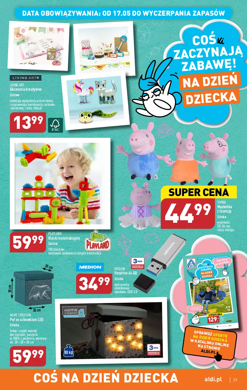 Gazetka promocyjna Aldi - Pełen katalog - ważna 15.05 do 20.05.2023 - strona 29 - produkty: Fa, Gra, Huśtawka, Klocki, Pendrive, Puf, Sok