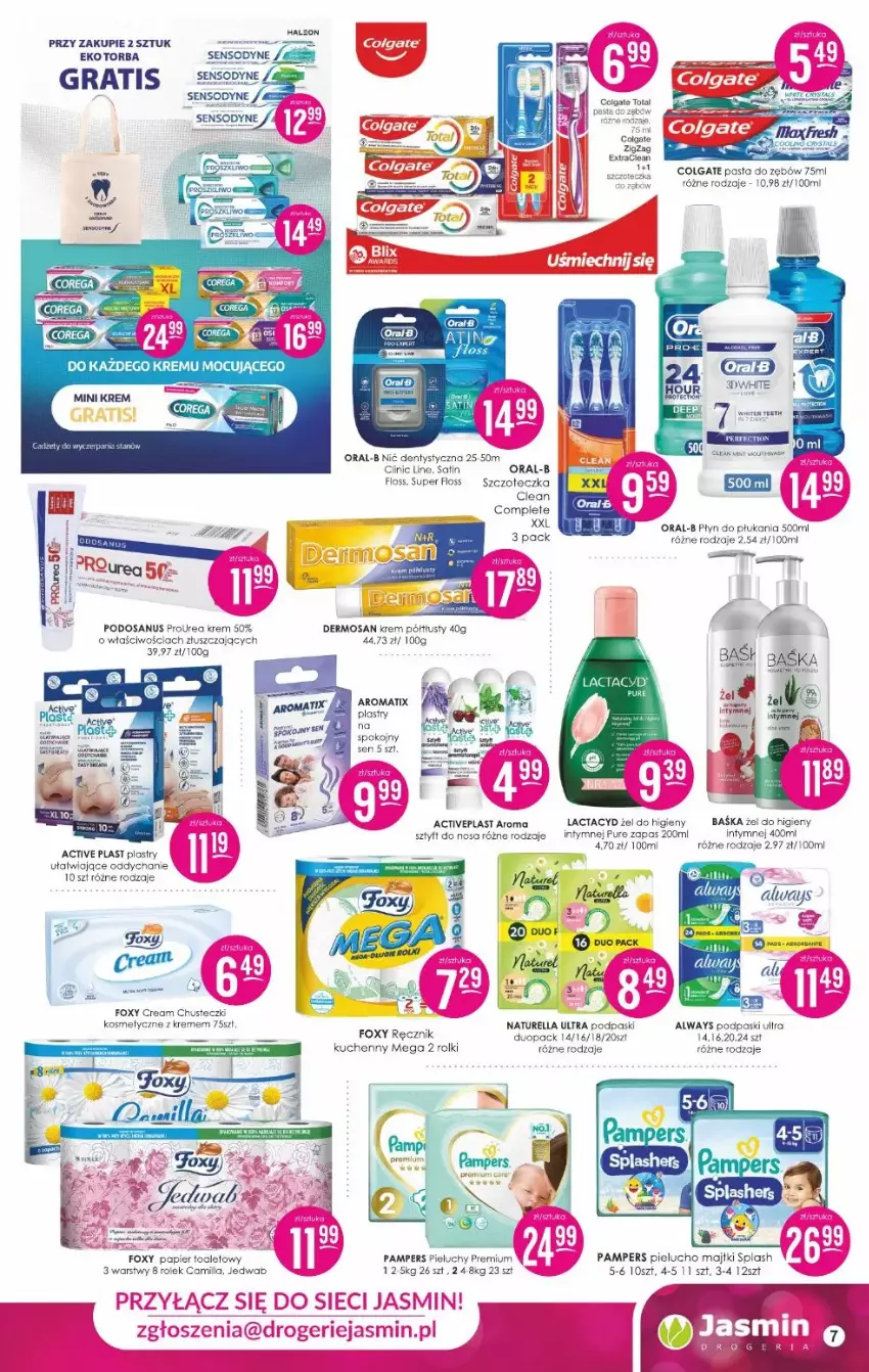 Gazetka promocyjna Drogerie Natura - ważna 20.01 do 31.01.2025 - strona 7 - produkty: Always, Chusteczki, Clin, Colgate, Fa, Foxy, Gra, Lactacyd, LG, Majtki, Naturell, Naturella, Pampers, Papier, Papier toaletowy, Pasta do zębów, Pieluchy, Płyn do płukania, Podpaski, Ręcznik, Rolki, Sensodyne, Torba