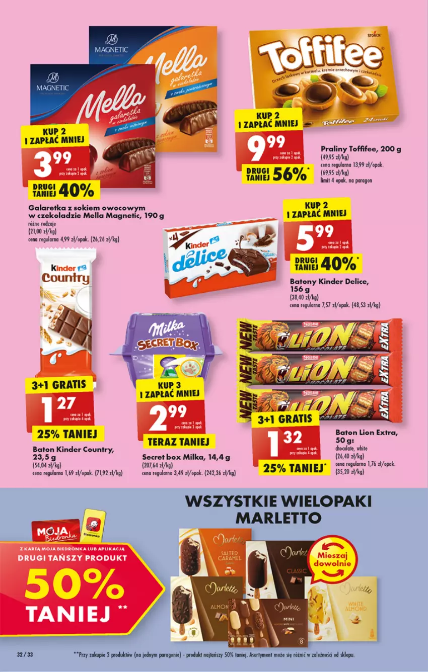 Gazetka promocyjna Biedronka - Gazetka - Biedronka.pl - ważna 05.12 do 10.12.2022 - strona 32 - produkty: Baton, Gala, Galaretka, Kinder, Lion, Milka, Praliny, Sok, Tera, Toffifee