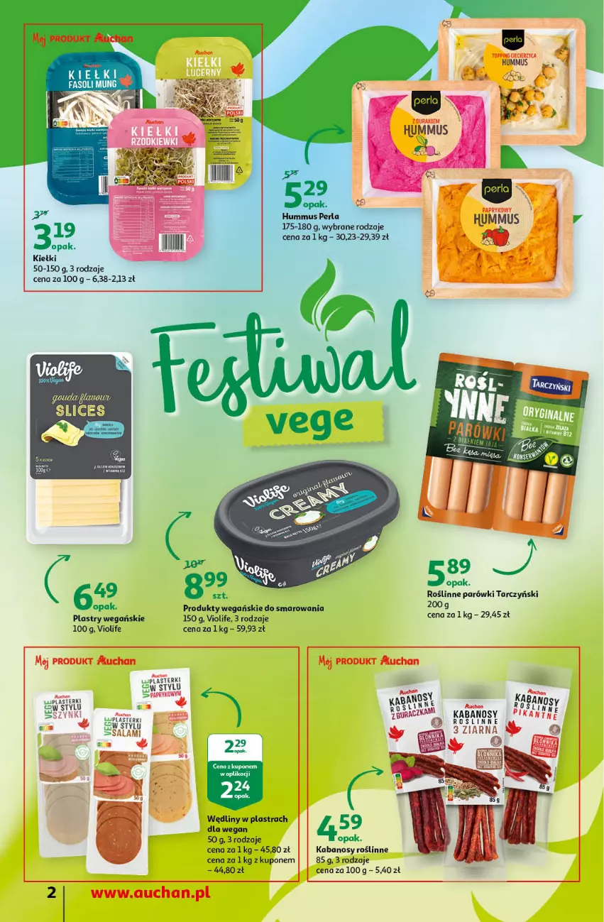 Gazetka promocyjna Auchan - przeNISKIE CENY przeWSPANIAŁE okazje Supermarkety - ważna 21.04 do 27.04.2022 - strona 2 - produkty: Hummus, Kabanos, Kiełki, Mus, Parówki, Plasterki, Tarczyński