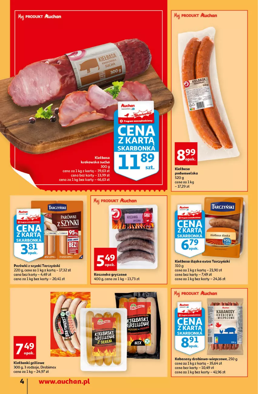 Gazetka promocyjna Auchan - przeNISKIE CENY przeWSPANIAŁE okazje Supermarkety - ważna 21.04 do 27.04.2022 - strona 4 - produkty: Drobimex, Grill, Gry, Kabanos, Kasza, Kaszanka, Kiełbasa, Kiełbasa podwawelska, Kiełbasa śląska, Parówki, Parówki z szynki, Tarczyński, Waga, Wawel