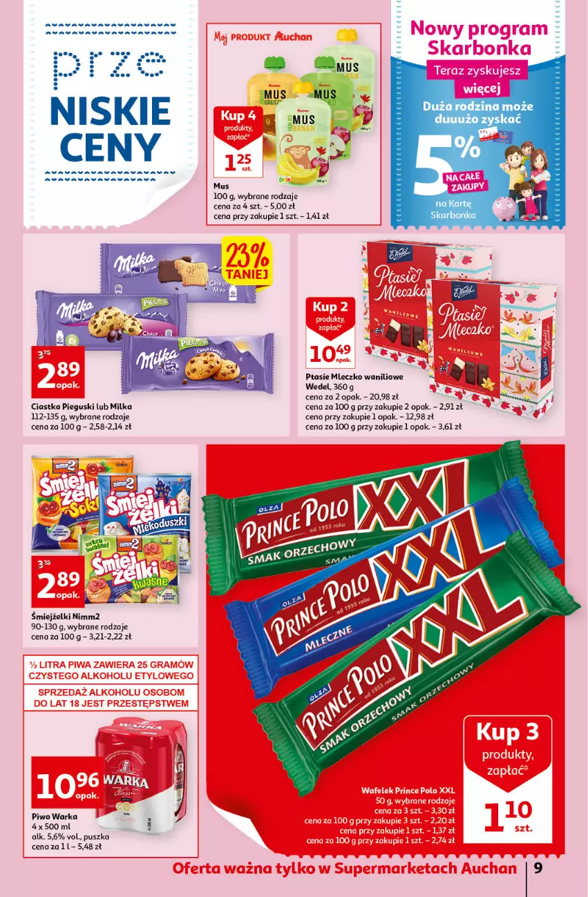 Gazetka promocyjna Auchan - przeNISKIE CENY przeWSPANIAŁE okazje Supermarkety - ważna 21.04 do 27.04.2022 - strona 9 - produkty: Ciastka, Milka, Mleczko, Mus, Nimm2, Piwo, Ptasie mleczko, Warka