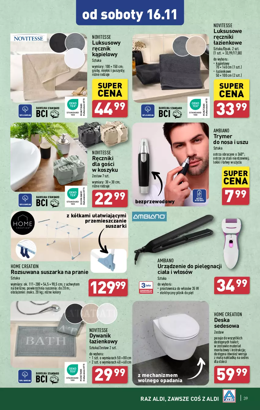 Gazetka promocyjna Aldi - Pełna oferta - ważna 12.11 do 16.11.2024 - strona 39 - produkty: Bateria, Deska sedesowa, Dywan, Dywanik, Dywanik łazienkowy, Dzieci, Kosz, Pilnik, Prostownica do włosów, Ręcznik, Ręcznik kąpielowy, Suszarka, Suszarka na pranie, Suszarki, Wełna