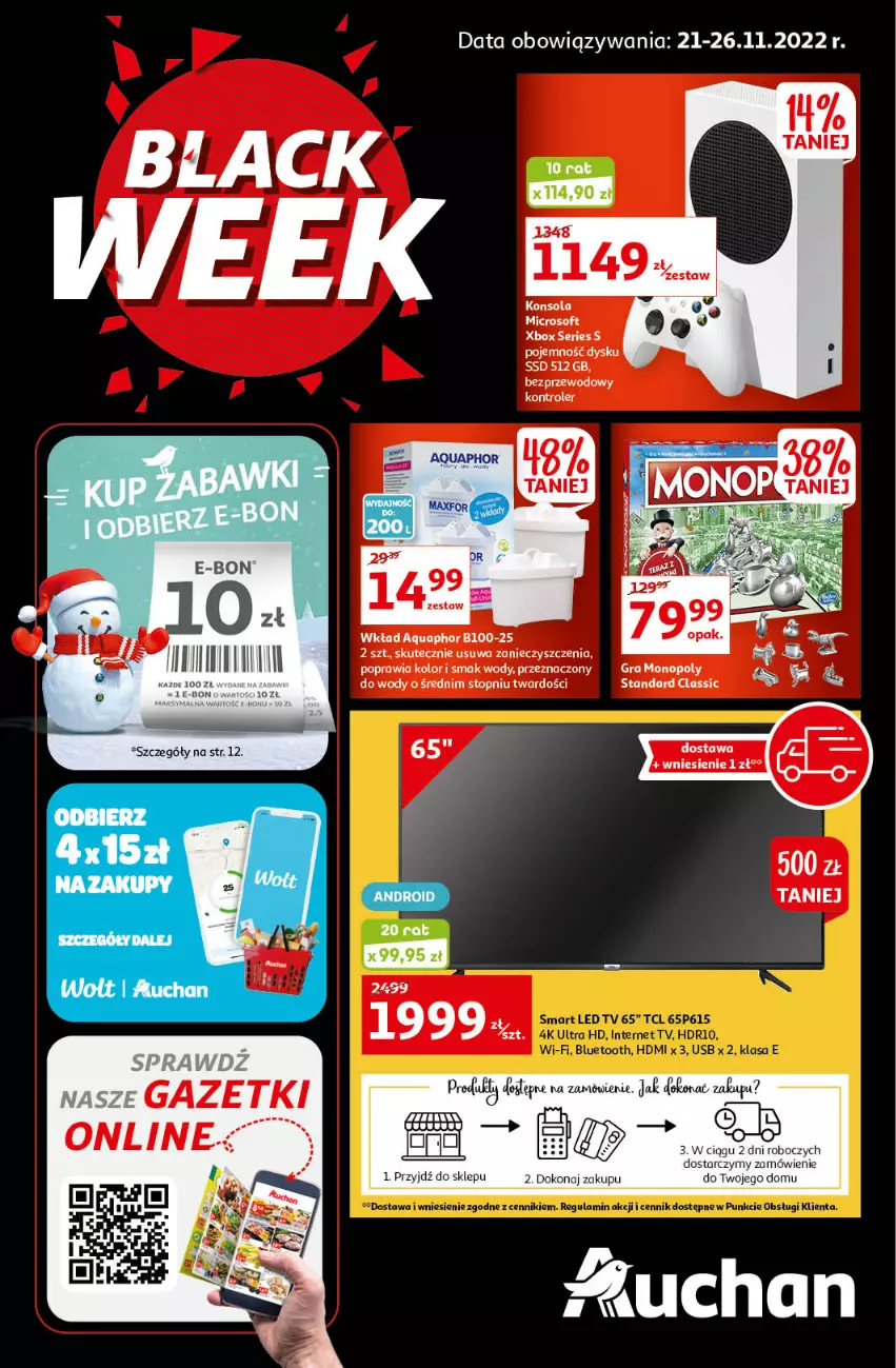 Gazetka promocyjna Auchan - Gazetka Black Week 21-26.11.2022 - ważna 21.11 do 26.11.2022 - strona 1 - produkty: Aquaphor, Gra, Kontroler, LG, Monopoly, Ser, Top, Xbox