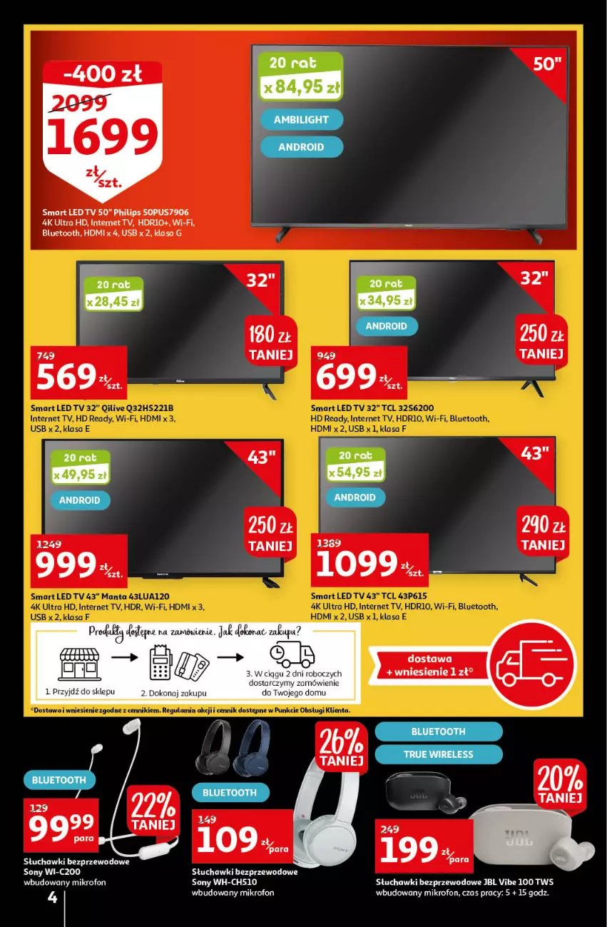 Gazetka promocyjna Auchan - Gazetka Black Week 21-26.11.2022 - ważna 21.11 do 26.11.2022 - strona 4 - produkty: JBL, LED TV, Mikrofon, Philips, Słuchawki, Słuchawki bezprzewodowe, Sony, Woda