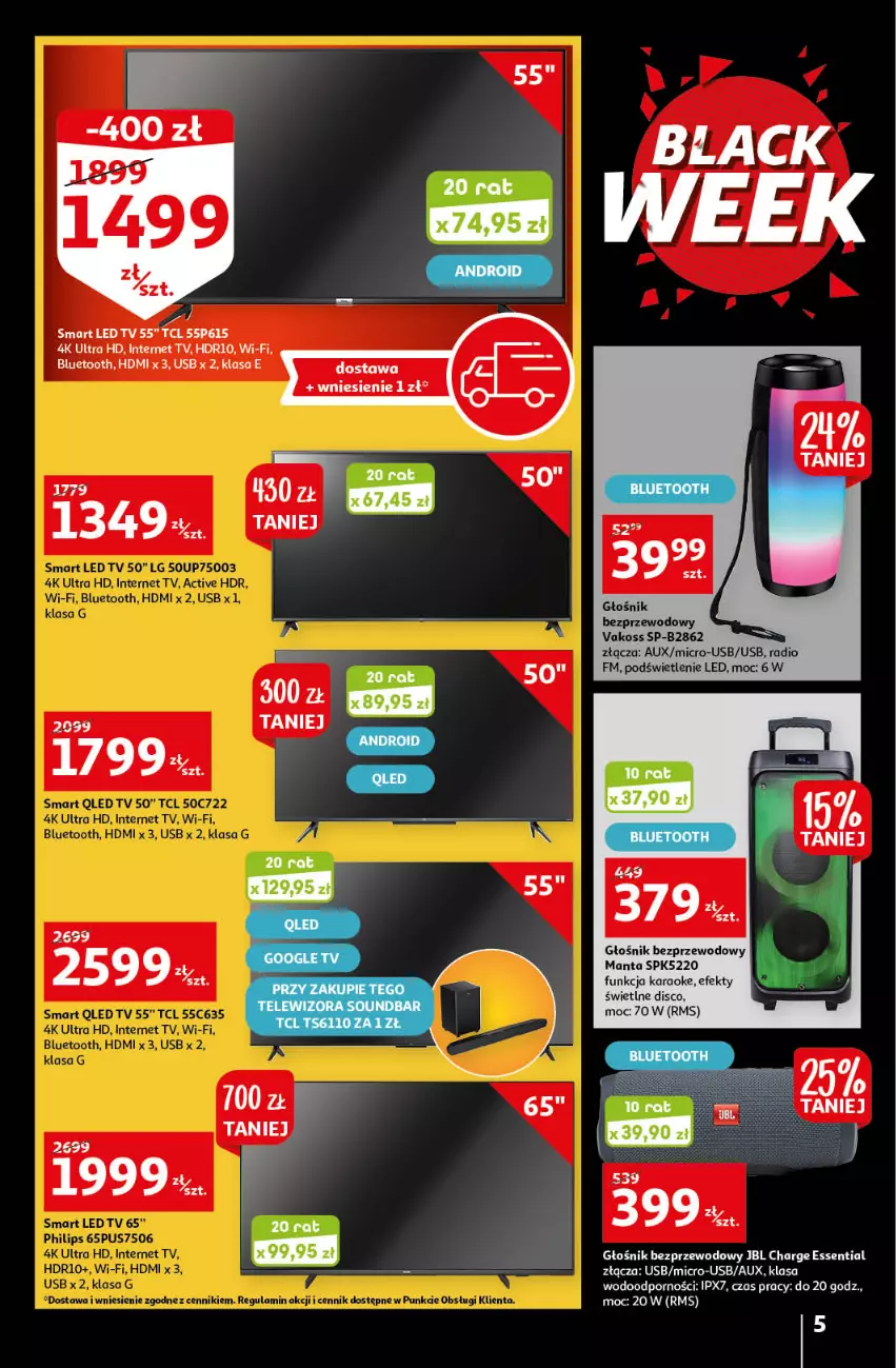 Gazetka promocyjna Auchan - Gazetka Black Week 21-26.11.2022 - ważna 21.11 do 26.11.2022 - strona 5 - produkty: Głośnik, JBL, LED TV, Manta, Moda, Por
