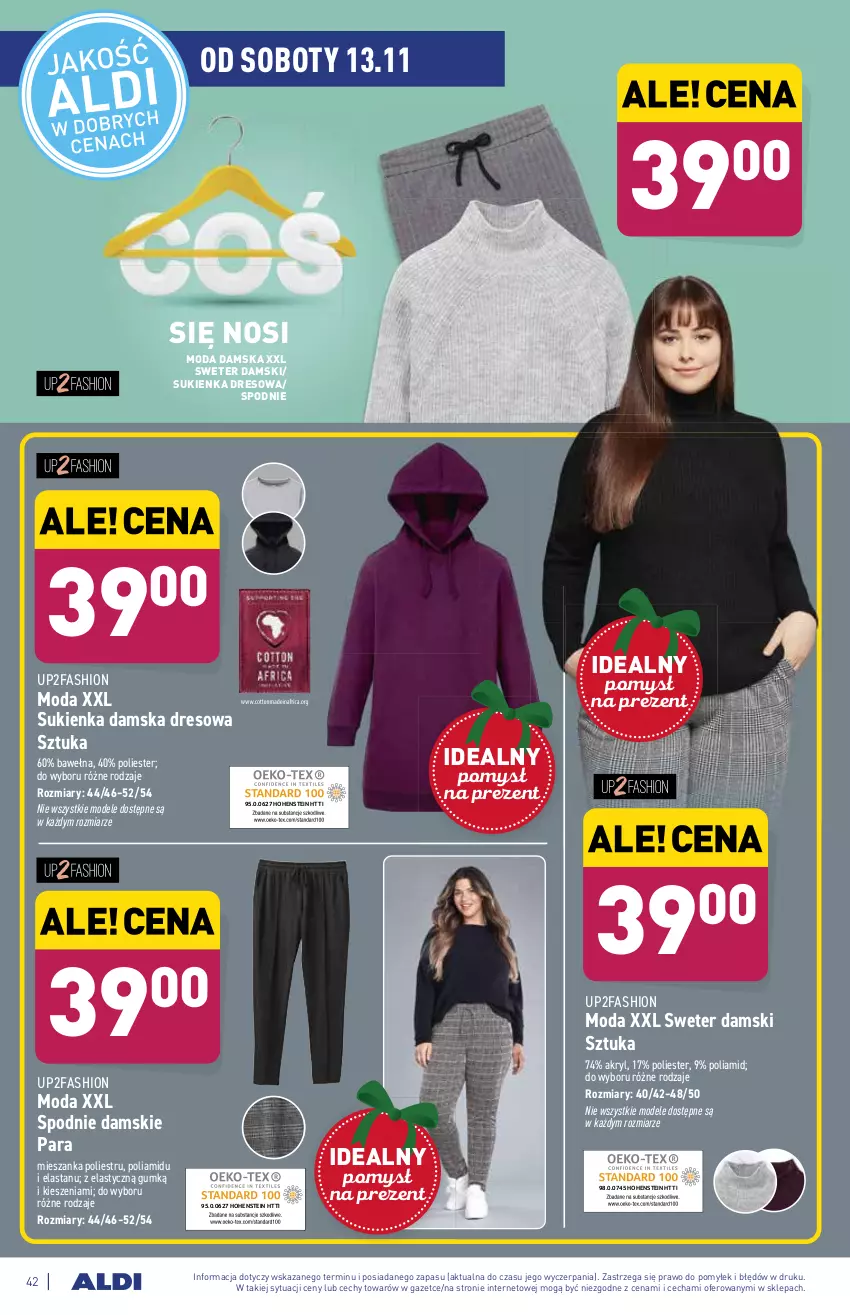 Gazetka promocyjna Aldi - ważna 08.11 do 13.11.2021 - strona 42 - produkty: Dres, Fa, Moda, Spodnie, Sukienka, Sweter, Wełna