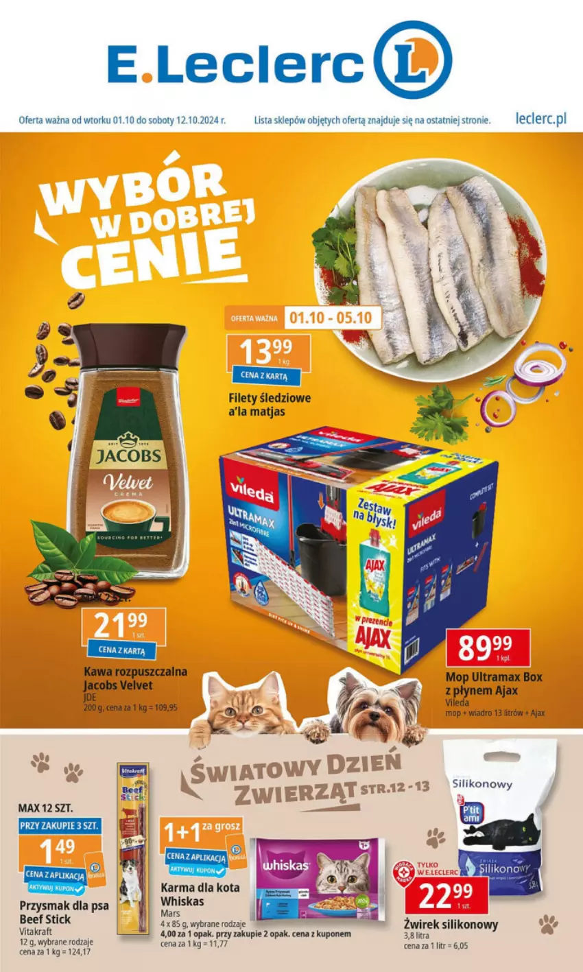 Gazetka promocyjna E Leclerc - ważna 01.10 do 12.10.2024 - strona 1 - produkty: Ajax, Jacobs, Jacobs Velvet, Kawa, Kawa rozpuszczalna, Matjas, Mop, Przysmak dla psa, Rama, Velvet, Vileda, Vitakraft, Wiadro