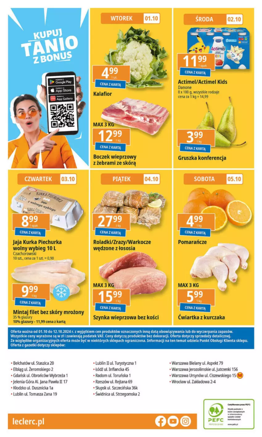 Gazetka promocyjna E Leclerc - ważna 01.10 do 12.10.2024 - strona 17 - produkty: Actimel, Boczek, Boczek wieprzowy, Danone, Gra, Jaja, Kalafior, Koc, Kurczak, Lazur, Mintaj, Piec, Pomarańcze, Ser, Sos, Szynka, Szynka wieprzowa