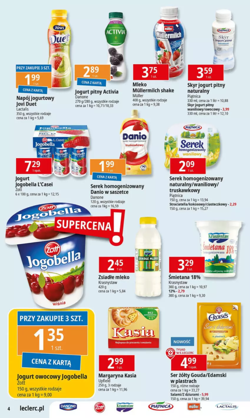 Gazetka promocyjna E Leclerc - ważna 01.10 do 12.10.2024 - strona 19 - produkty: Activia, Bell, Bella, Danio, Danone, Edam, Gouda, Jogobella, Jogurt, Jogurt owocowy, Jogurt pitny, Kasia, Kokos, Margaryna, Mleko, Napój, Napój jogurtowy, Piątnica, Salami, Ser, Serek, Serek homogenizowany