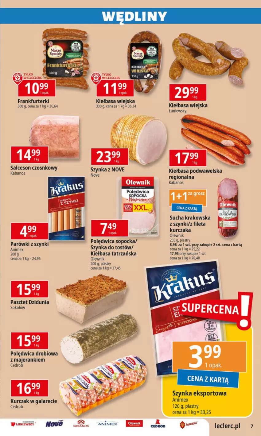 Gazetka promocyjna E Leclerc - ważna 01.10 do 12.10.2024 - strona 22 - produkty: Drób, Frankfurterki, Gala, Kabanos, Kiełbasa, Kiełbasa podwawelska, Kiełbasa wiejska, Kurczak, Olewnik, Parówki, Parówki z szynki, Pasztet, Polędwica, Por, Salceson, Sok, Sokołów, Sport, Szynka, Wawel