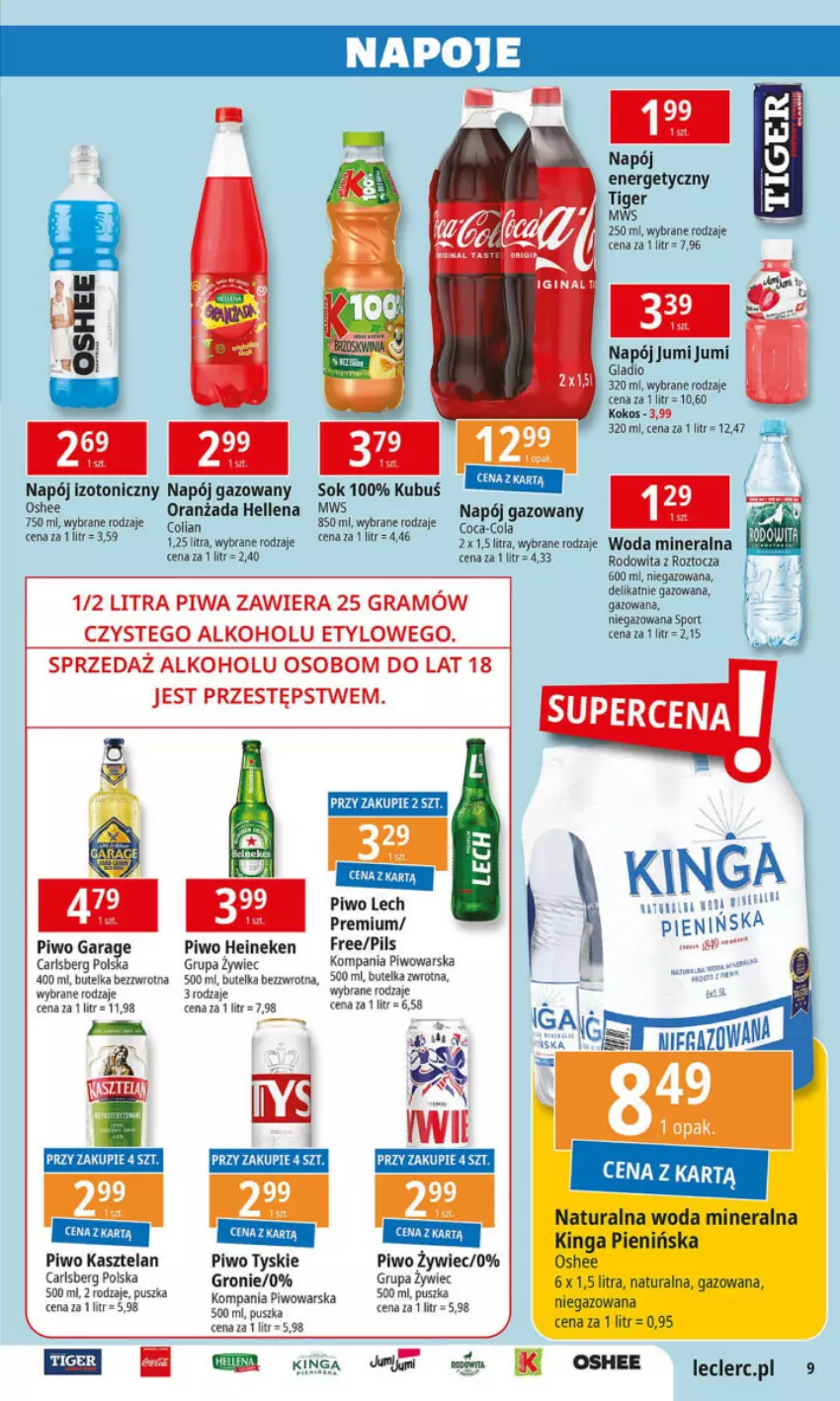 Gazetka promocyjna E Leclerc - ważna 01.10 do 12.10.2024 - strona 24 - produkty: Carlsberg, Grill, Heineken, Hellena, Kasztelan, Kokos, Kubuś, Napój, Napój gazowany, Napój izotoniczny, Napoje, Oranżada, Oshee, Piwo, Por, Sok, Sport, Tiger, Tyskie, Woda, Woda mineralna