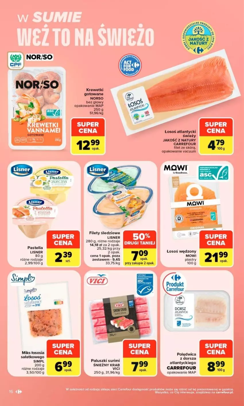 Gazetka promocyjna Carrefour - Gazetka Market w SUMIE otwieramy się dla CIEBIE - ważna 23.09 do 26.09.2026 - strona 16 - produkty: Dorsz, Krewetki, Lisner, Pastella, Polędwica, Sałat, Sos, Surimi