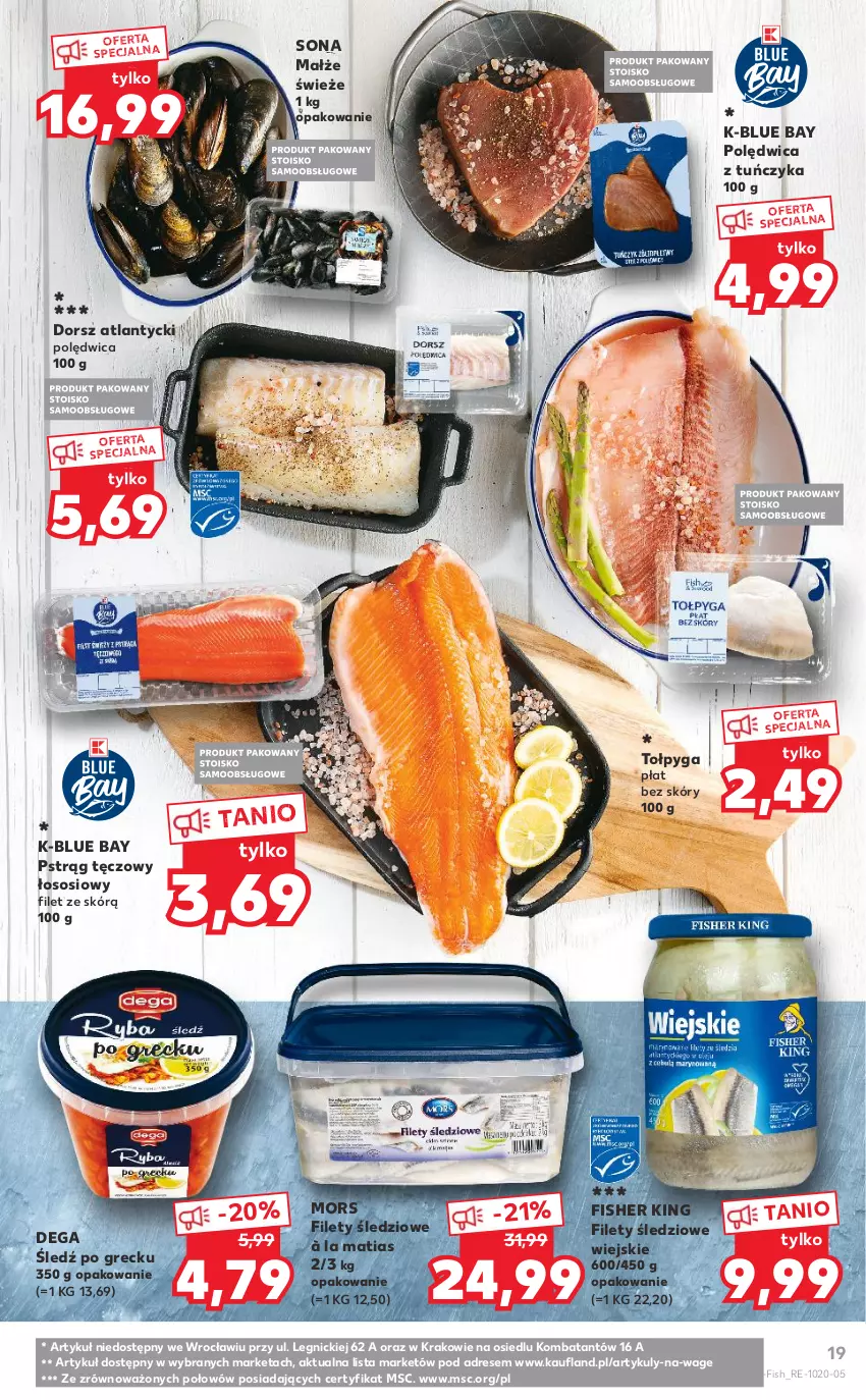 Gazetka promocyjna Kaufland - Promocje tygodnia - ważna 21.01 do 27.01.2021 - strona 19 - produkty: Dega, Dorsz, Dres, Małże, Polędwica, Pstrąg, Pstrąg tęczowy, Sos, Tołpyga, Tuńczyk